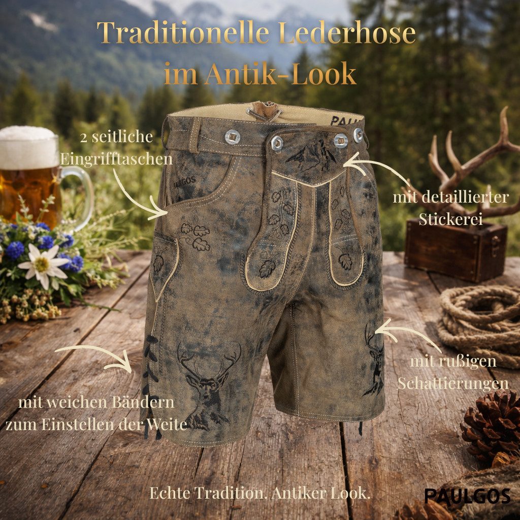 PAULGOS Trachtenhose Herren Lederhose Kurz mit Trägern 100% Echtleder - HK4 ANTIK