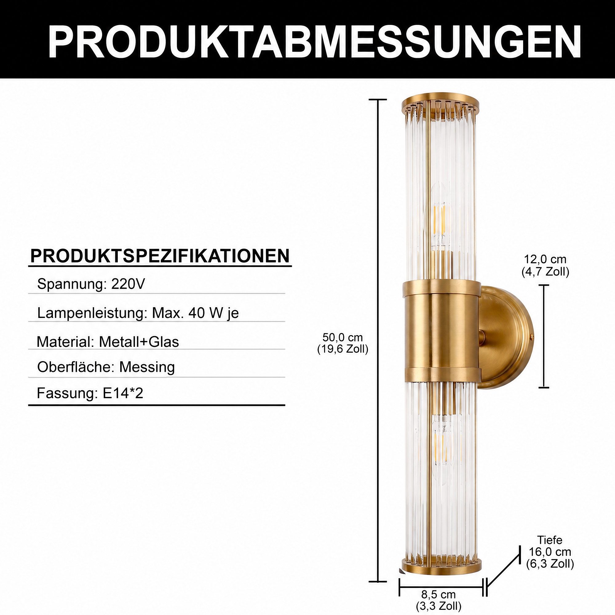 LOHAS-LED Wandleuchte Zweiflammige Wandleuchte mit geriffeltem Glas, ohne Leuchtmittel, Moderne Wandlampe mit zwei E14-Fassungen