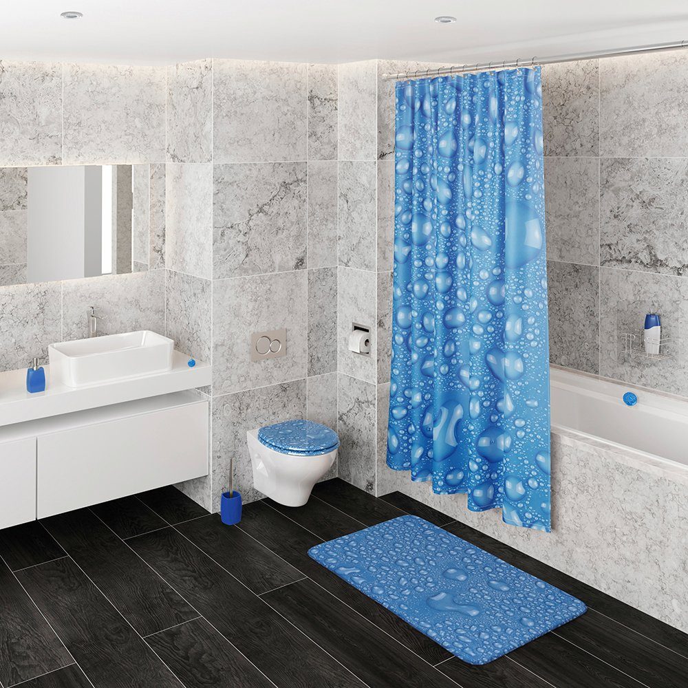 Sanilo und aus tlg., Tautropfen Blau, Komplett-Set, WC-Sitz, Badteppich Badaccessoire-Set bestehend 3 Waschbeckenstöpsel