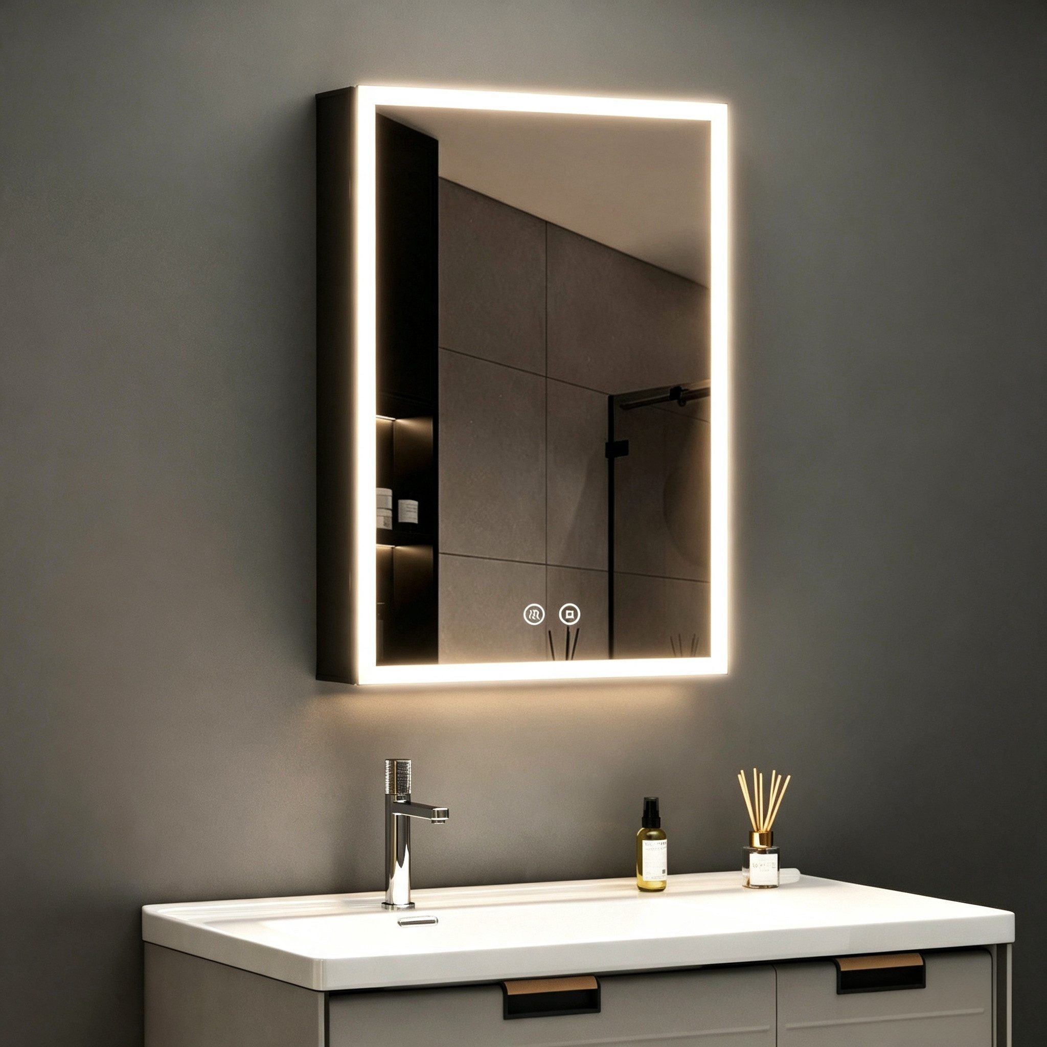 WDWRITTI Spiegelschrank klein 40x60cm Bad mit Beleuchtung Alu Badezimmerspiegelschrank Schwarz (Wandschrank Hängeschrank Anti-fog 3Lichtmodi Dimmbar, mit Speicherfunktion) Doppelseitiger Spiegel, IP44, mit Netzadapter