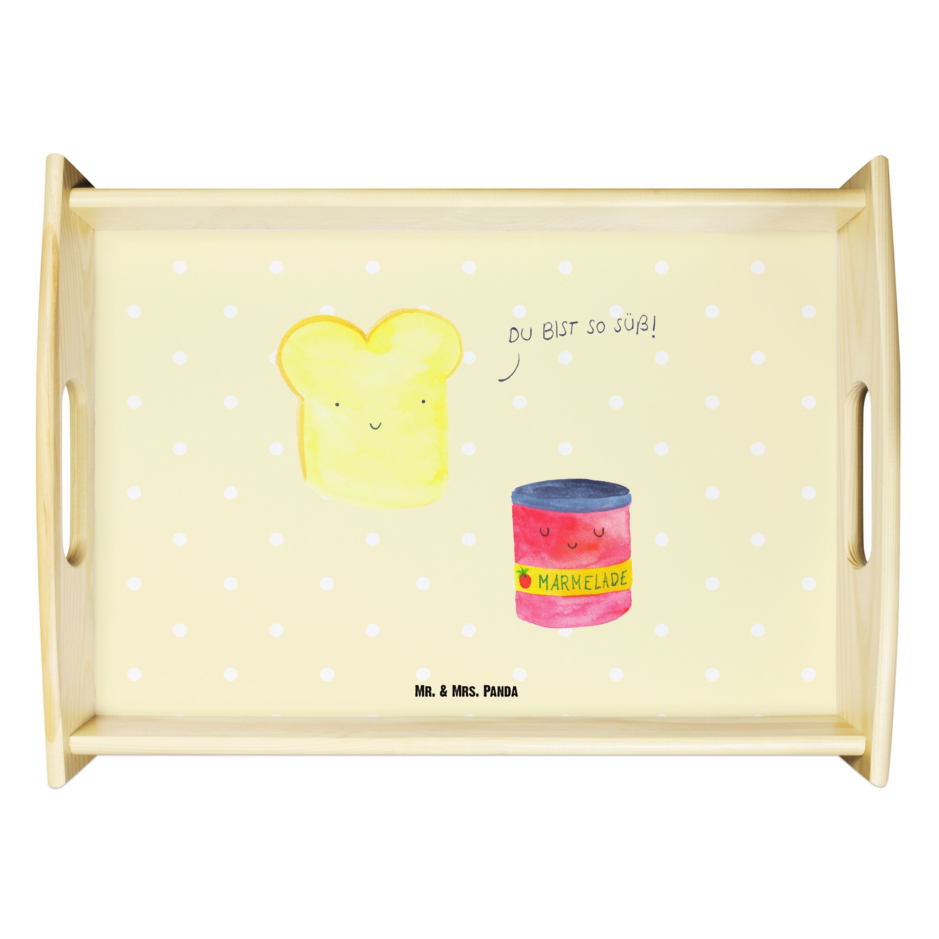 Mr. & Mrs. Panda Tablett Toast & Marmelade - Gelb Pastell - Geschenk, Frühstückstablett, lusti, Echtholz lasiert, (1-tlg)