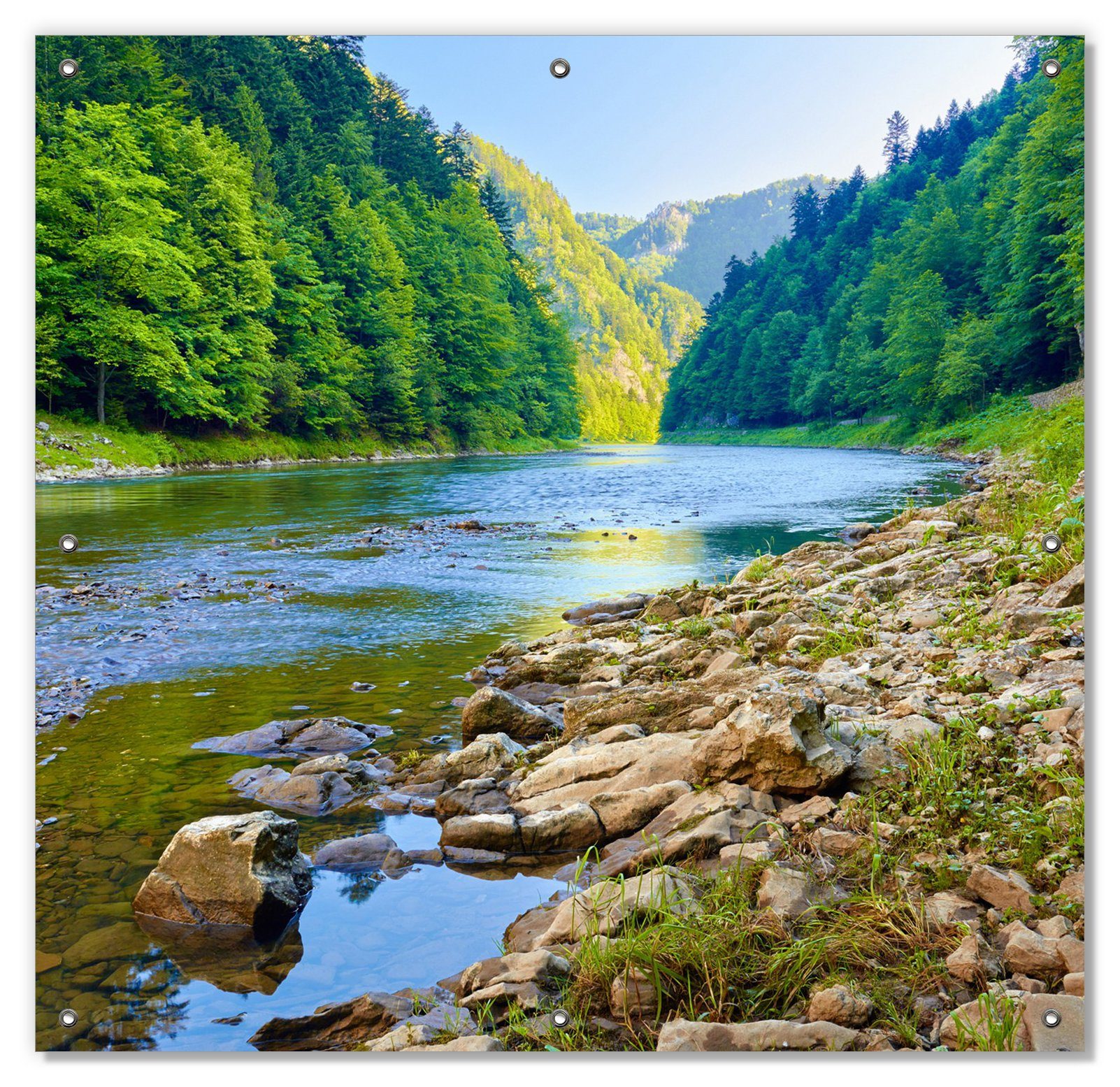 Sonnenschutz Fluss in den Bergen an steinigem Ufer, Wallario, blickdicht, mit Saugnäpfen, wiederablösbar und wiederverwendbar