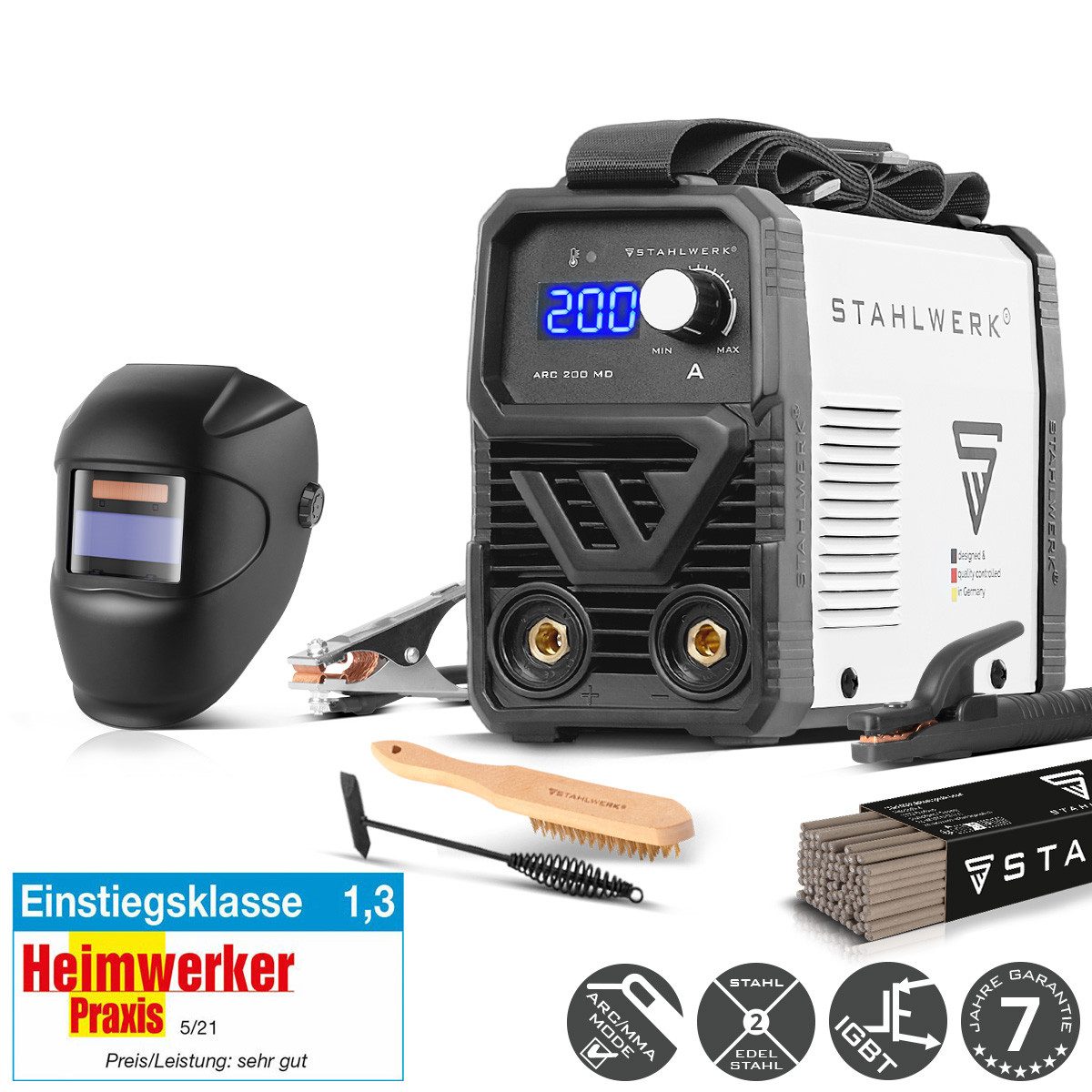 STAHLWERK Inverterschweißgerät Elektroden-Schweißgerät ARC 200 MD - DC Vollausstattung, 30 - 200 A, Packung}, 7-tlg., Einzelgerät, zu einem DC WIG-Schweißgerät erweiterbar