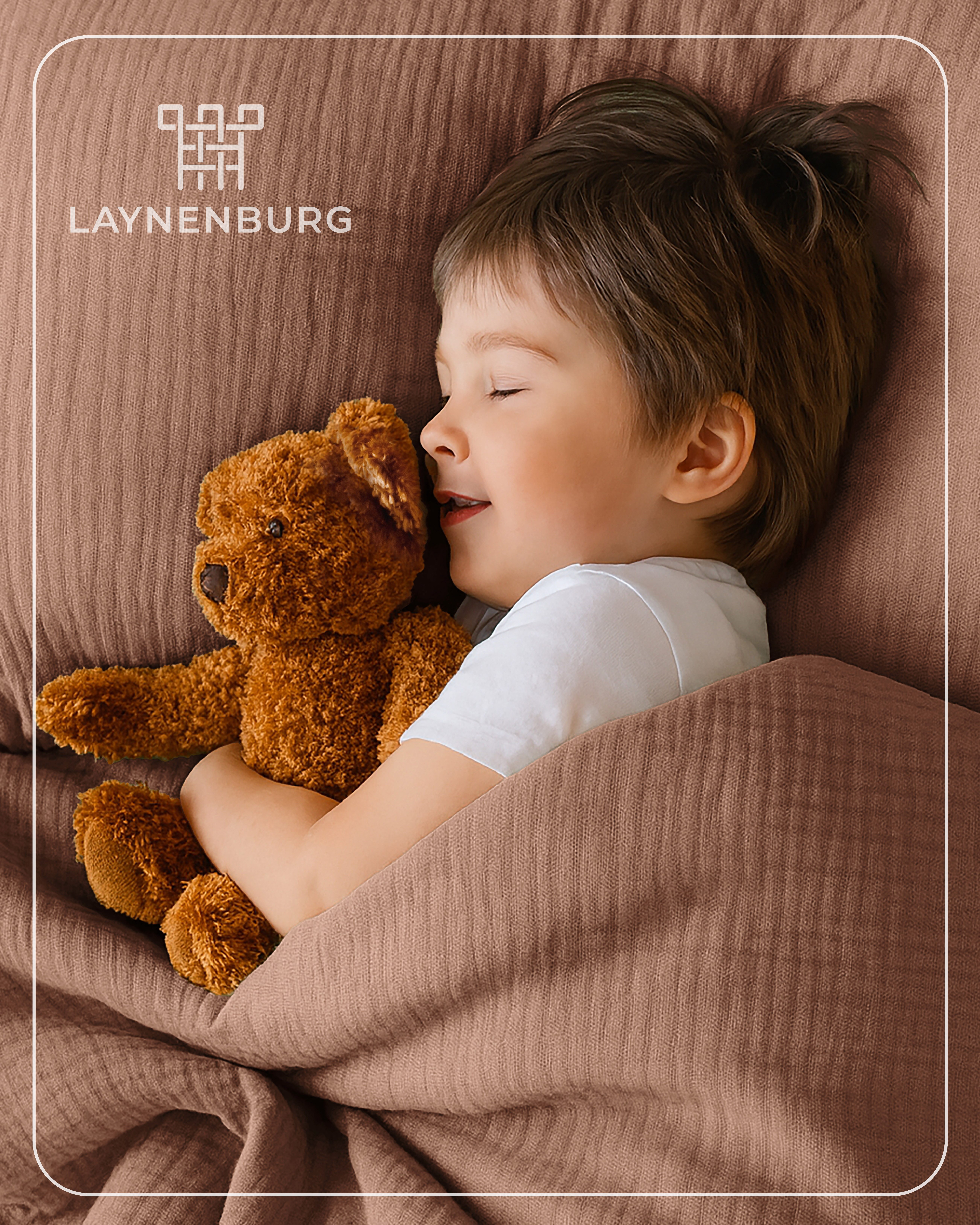 Laynenburg Kinderbettwäsche Musselin 2 teilig aus 100% Baumwolle in 100x135 cm + 40x60 cm, atmungsaktiv & bügelfrei – 3 lagig mit Reißverschluss & Haltebändern