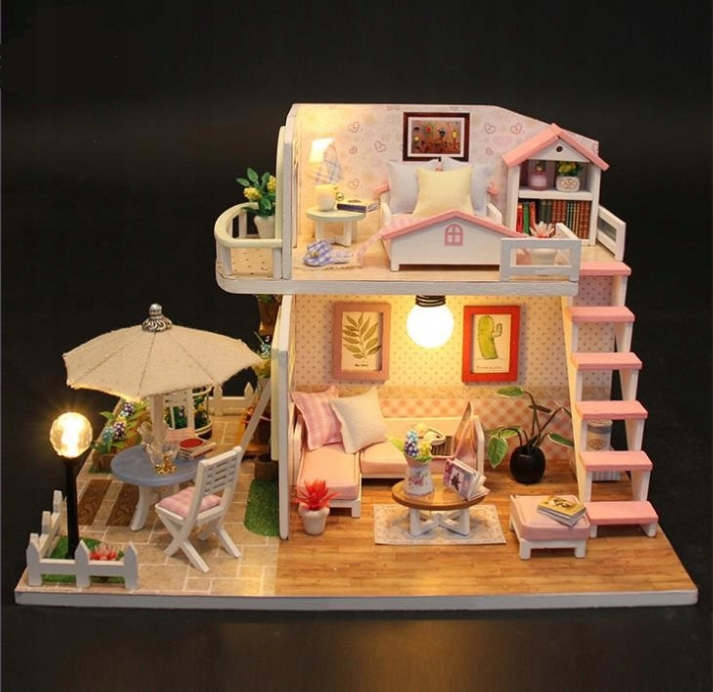 Ikonka Puppenhaus DIY Puppenhaus Holz Miniatur Set mit Möbel LED Beleuchtung Selbstbau, (DIY Puppenhaus Zimmer zum Selbstaufbauen mit Möbel und Beleuchtung, Miniatur Puppenhaus Set mit Möbel LED Licht Zubehör zum Basteln), Realistische LED-Beleuchtung, hochwertige Möbel, einfache Montage