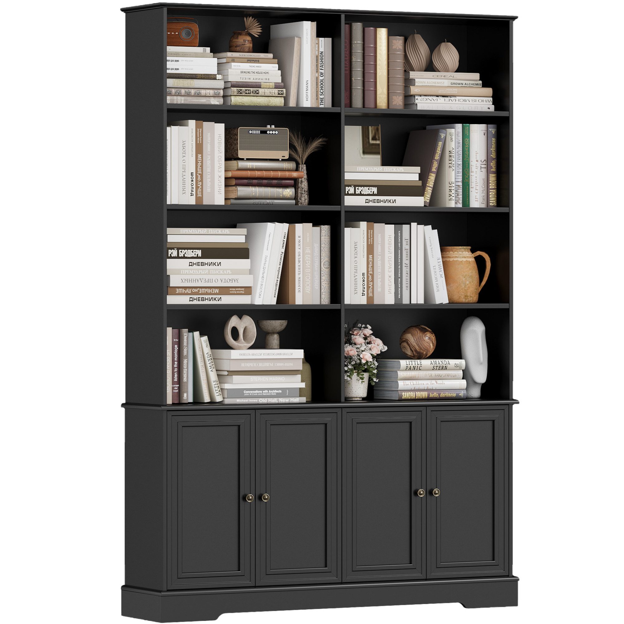 Homfa Bücherregal 185 cm hohes Bücherschrank Standregal Büroregal, Bücherregal mit 4 Türen 8 offenen Fächern Büroregal Holz 185x120x27cm