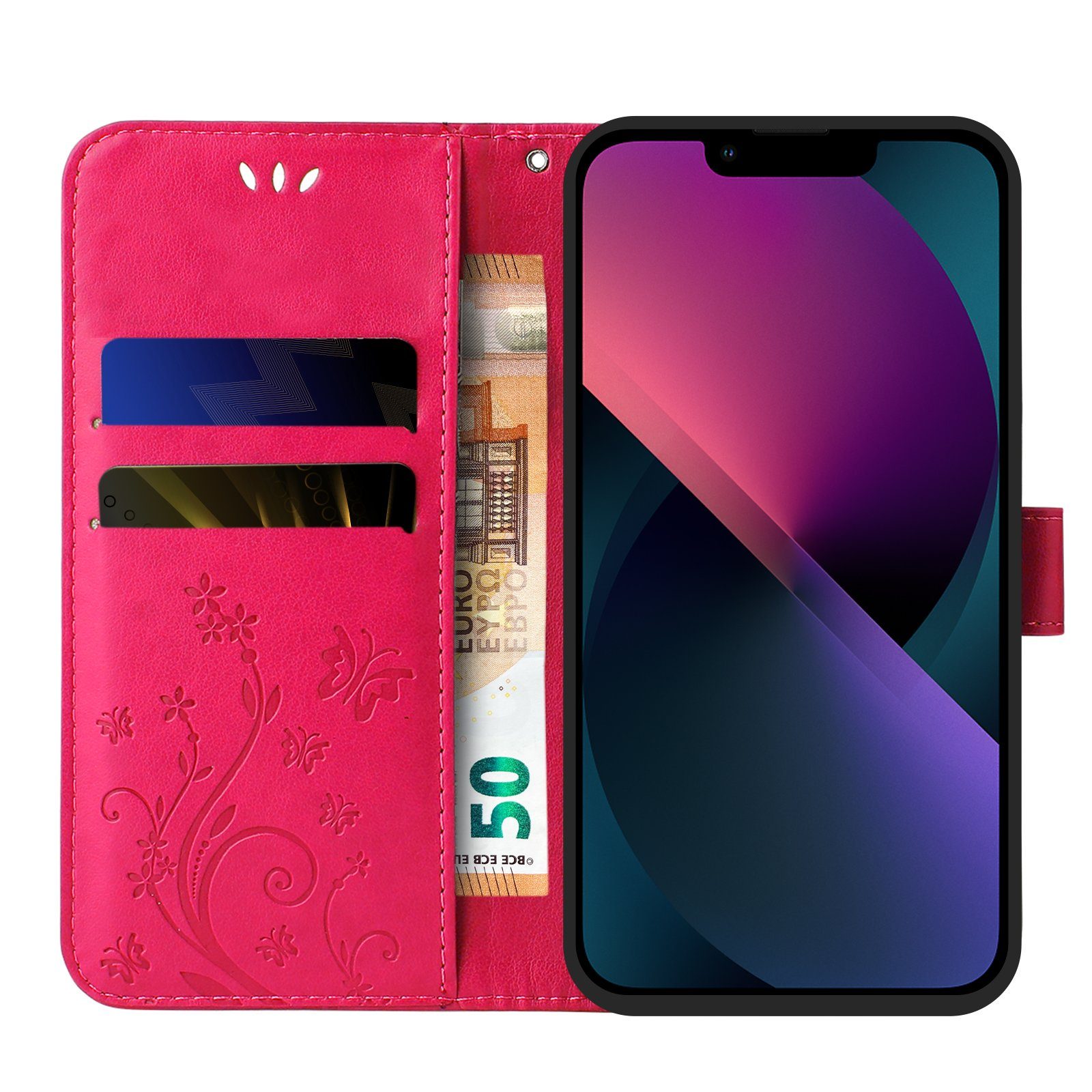Tec-Expert Handyhülle Cover Tasche Hülle für Apple iPhone 14 6,1 Zoll, Klapphülle Case mit Kartenfach Fliphülle aufstellbar, Motiv Blumen