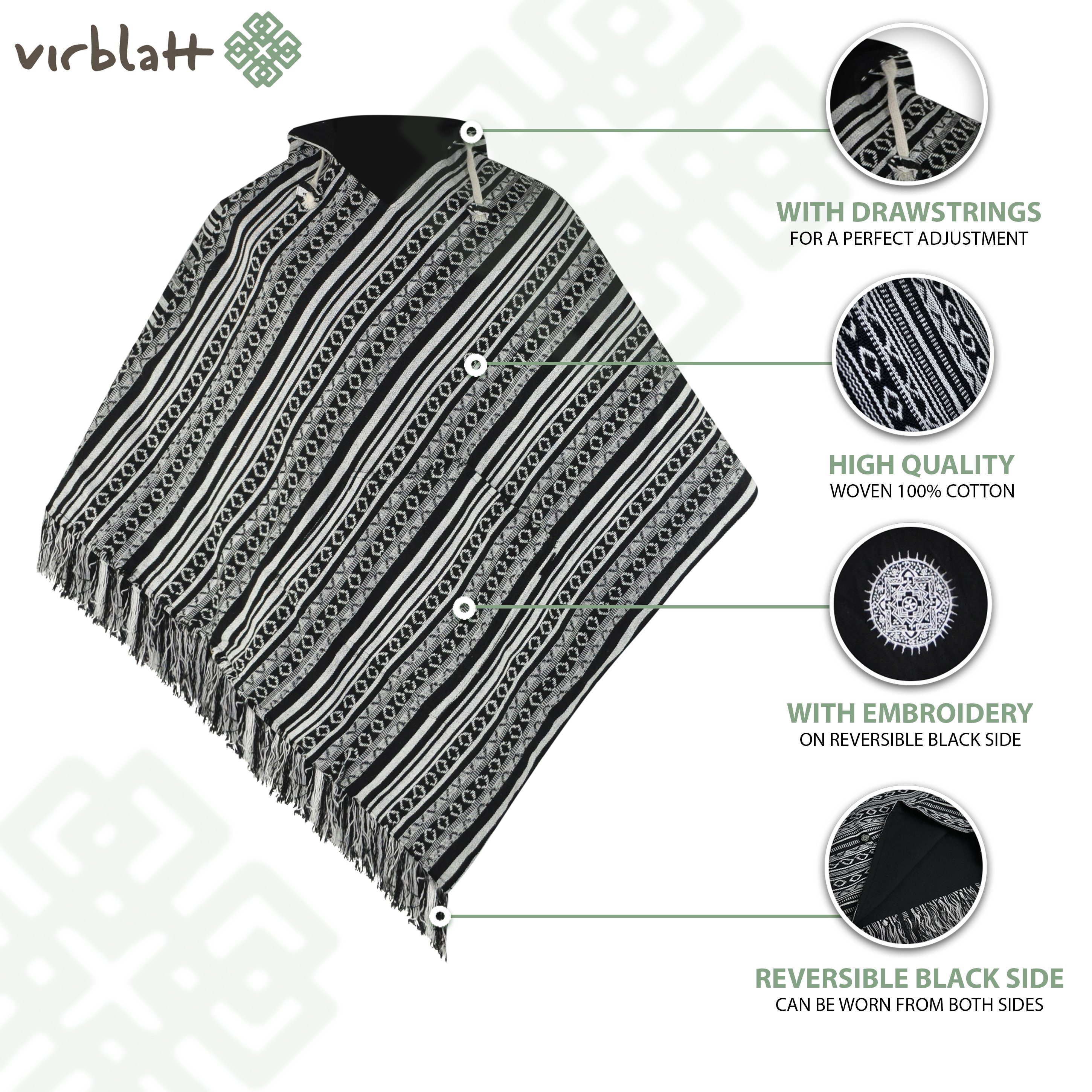 virblatt Poncho Poncho Herren, Baumwolle, Poncho Winter Mexiko Herren Poncho mit Kapuze, Unisex, zum Wenden, gesticketes Mandala