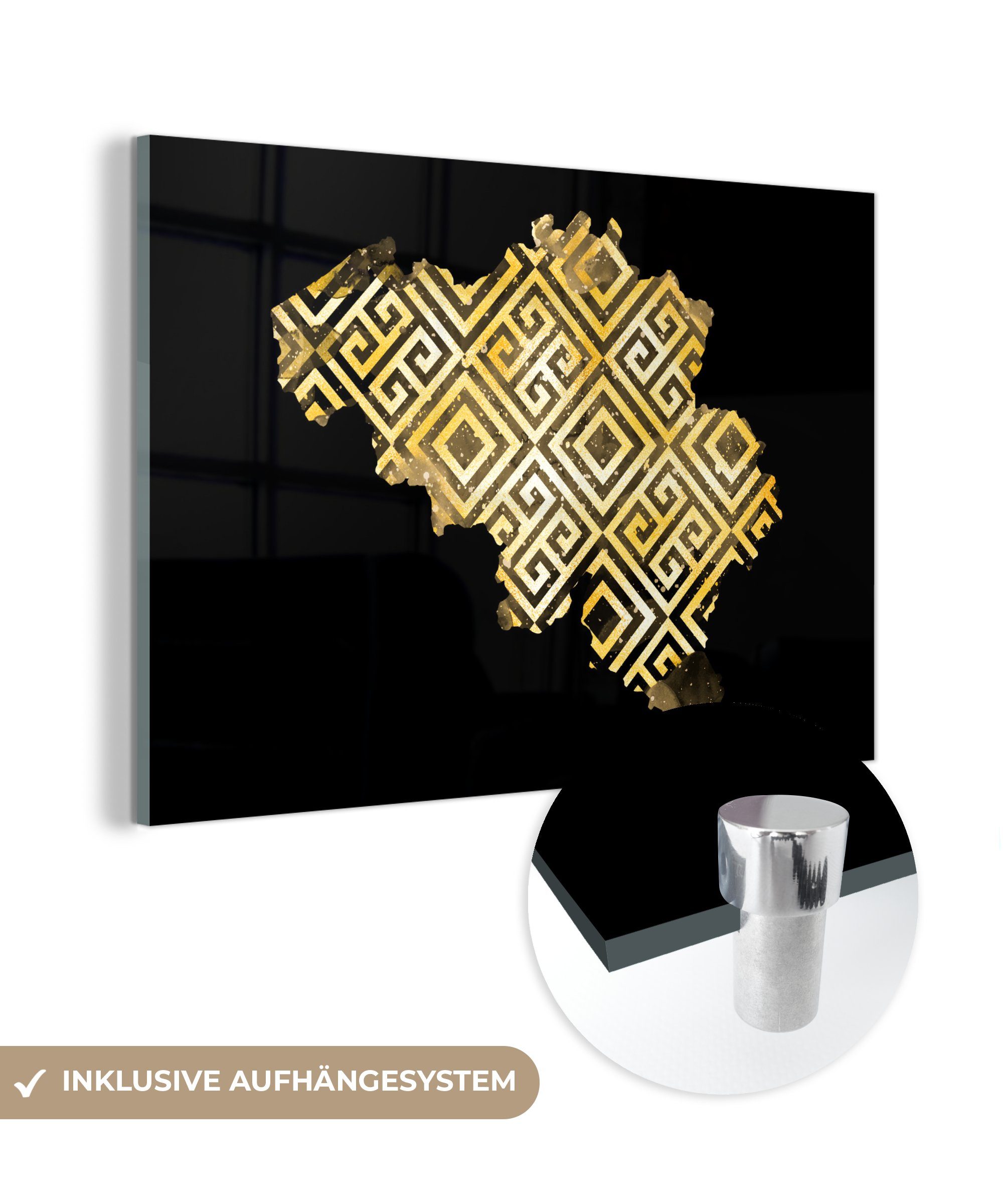 MuchoWow Acrylglasbild Karte Belgien - Gold - Muster, (1 St), Acrylglasbilder Wohnzimmer & Schlafzimmer