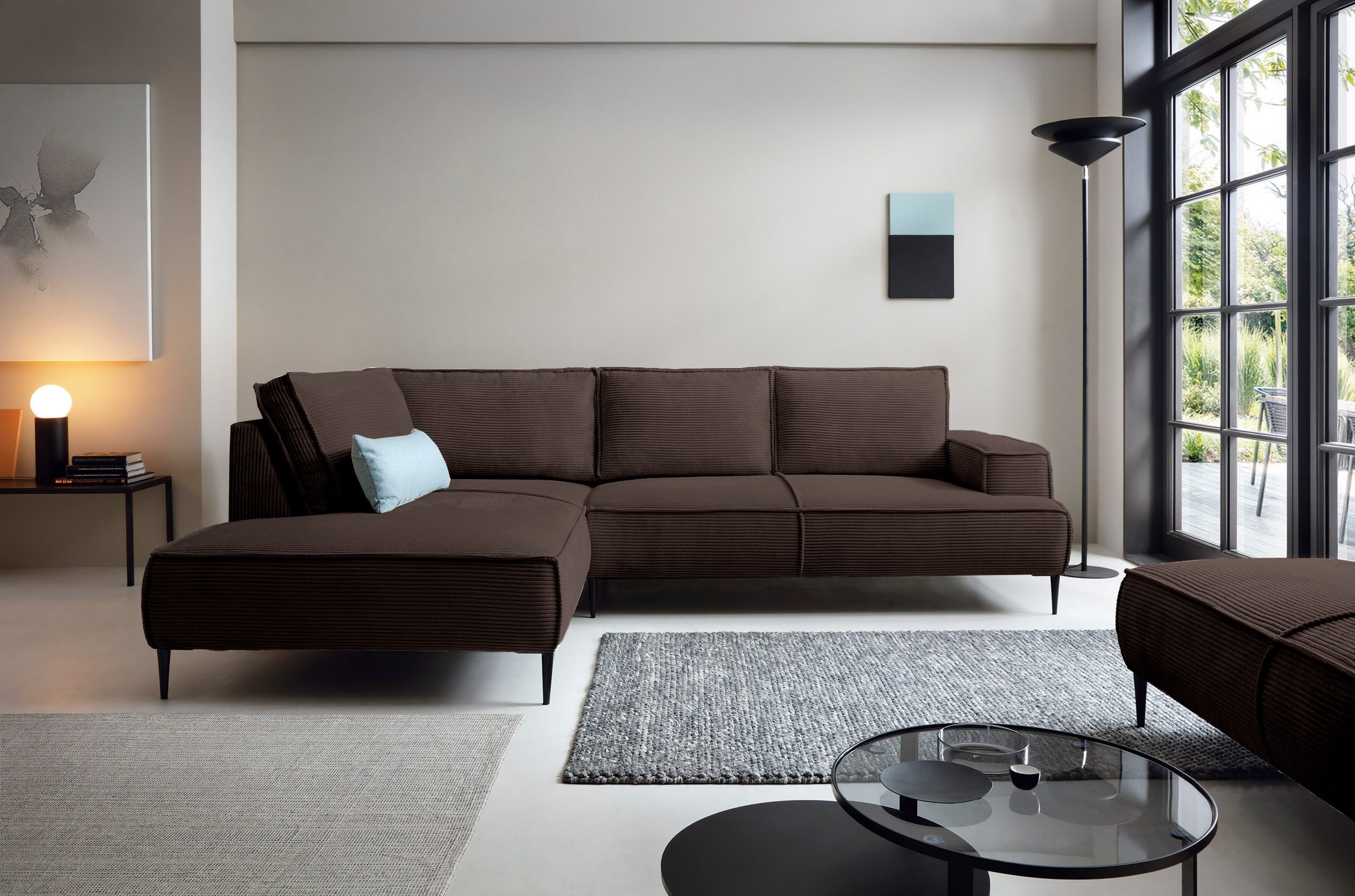 Goldstoff Ecksofa Cord VESPA L Beige – großes Wohnlandschaft Sofa L-Form, Großzügige Sitzfläche