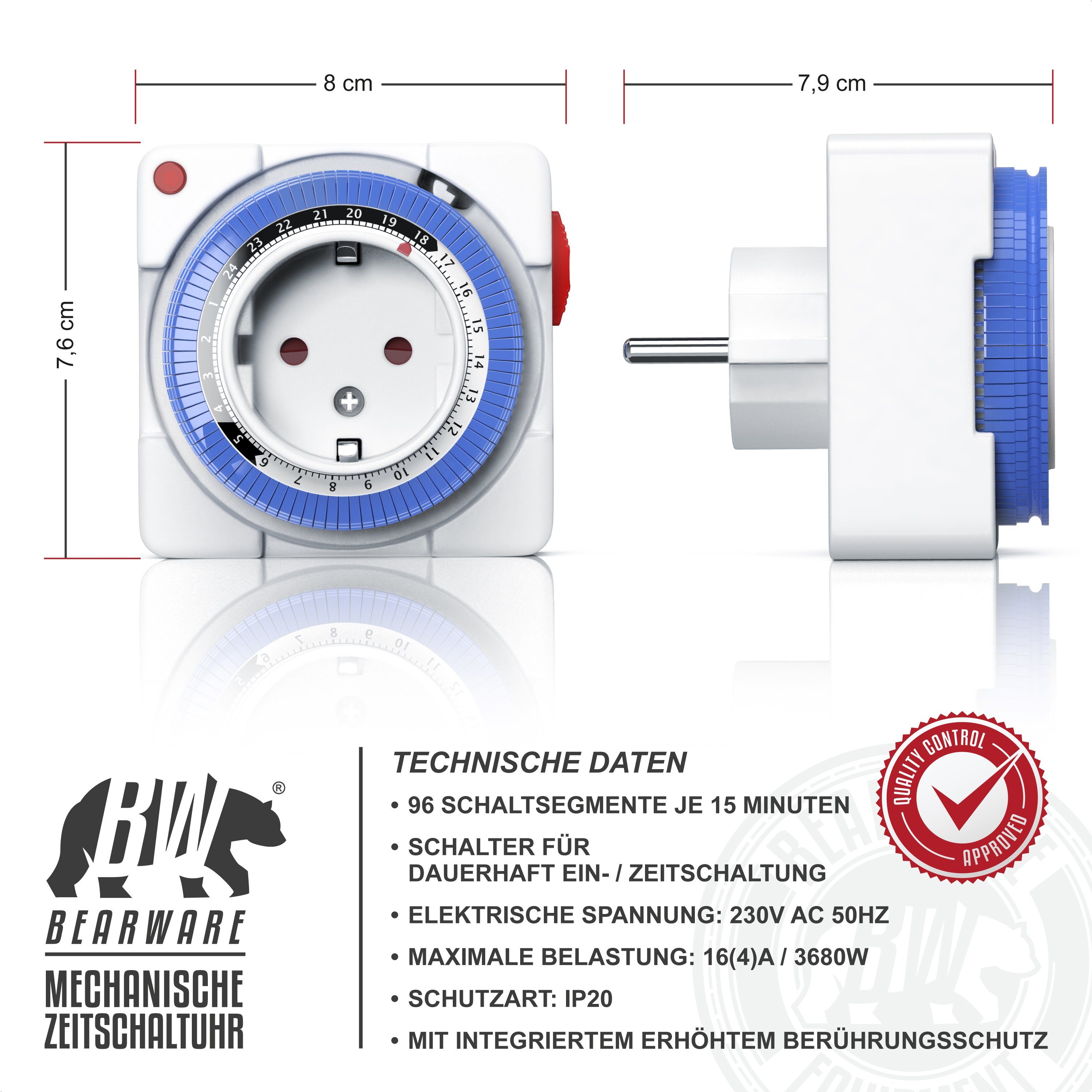 BEARWARE Zeitschaltuhr 24h, kompakt, 15 min. Zeitintervalle, Kinderschutzsicherung, mechanisch, 2-St., Schieberegler für Zeitangabe, 3680W, integrierter Berührungsschutz