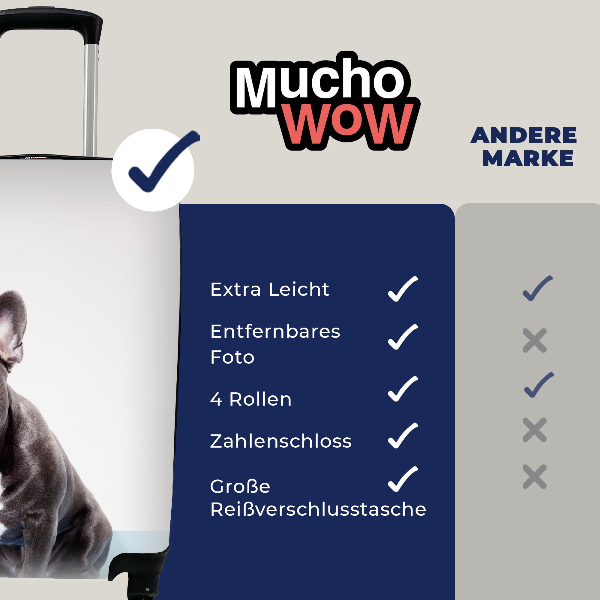 MuchoWow Handgepäckkoffer Französische Bulldogge - Trolley, für - 4 Handgepäck rollen, Reisetasche Schwarz, Ferien, Portrait Rollen, mit Reisekoffer