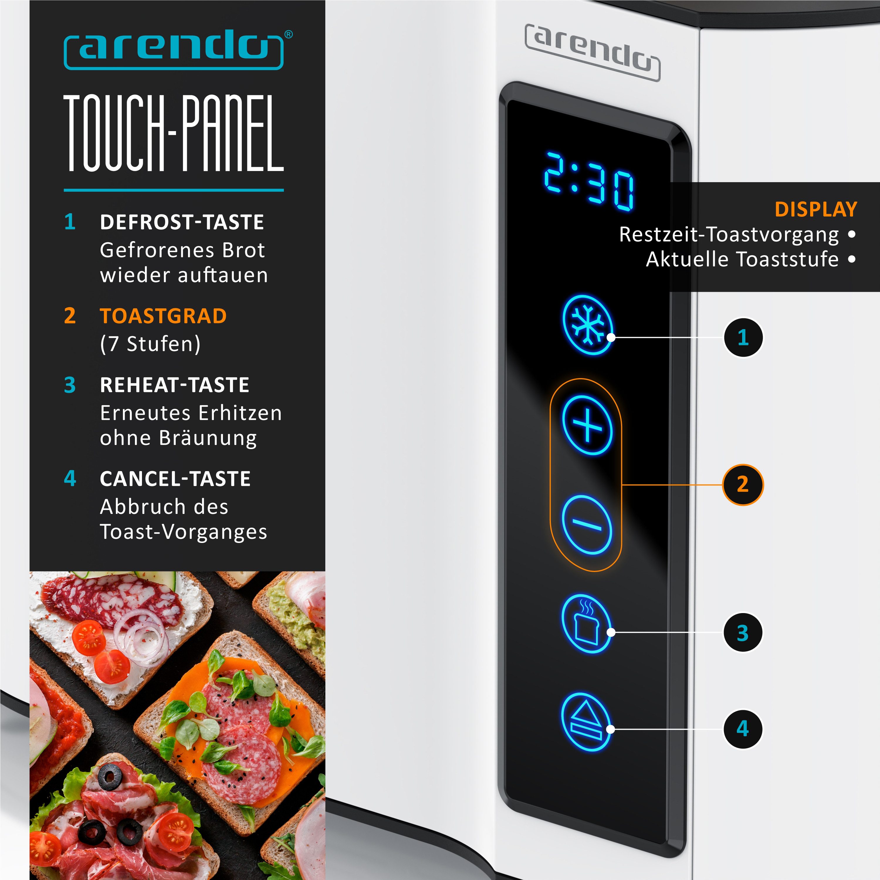 Arendo Toaster Wärmeisoliertes Doppelwandgehäuse, Display mit Restzeitanzeige, 2 kurze Schlitze, für 2 Scheiben, 800 W, Touchpanel, Brötchenaufsatz, 7 Bräunungs – Bild 4 von 5