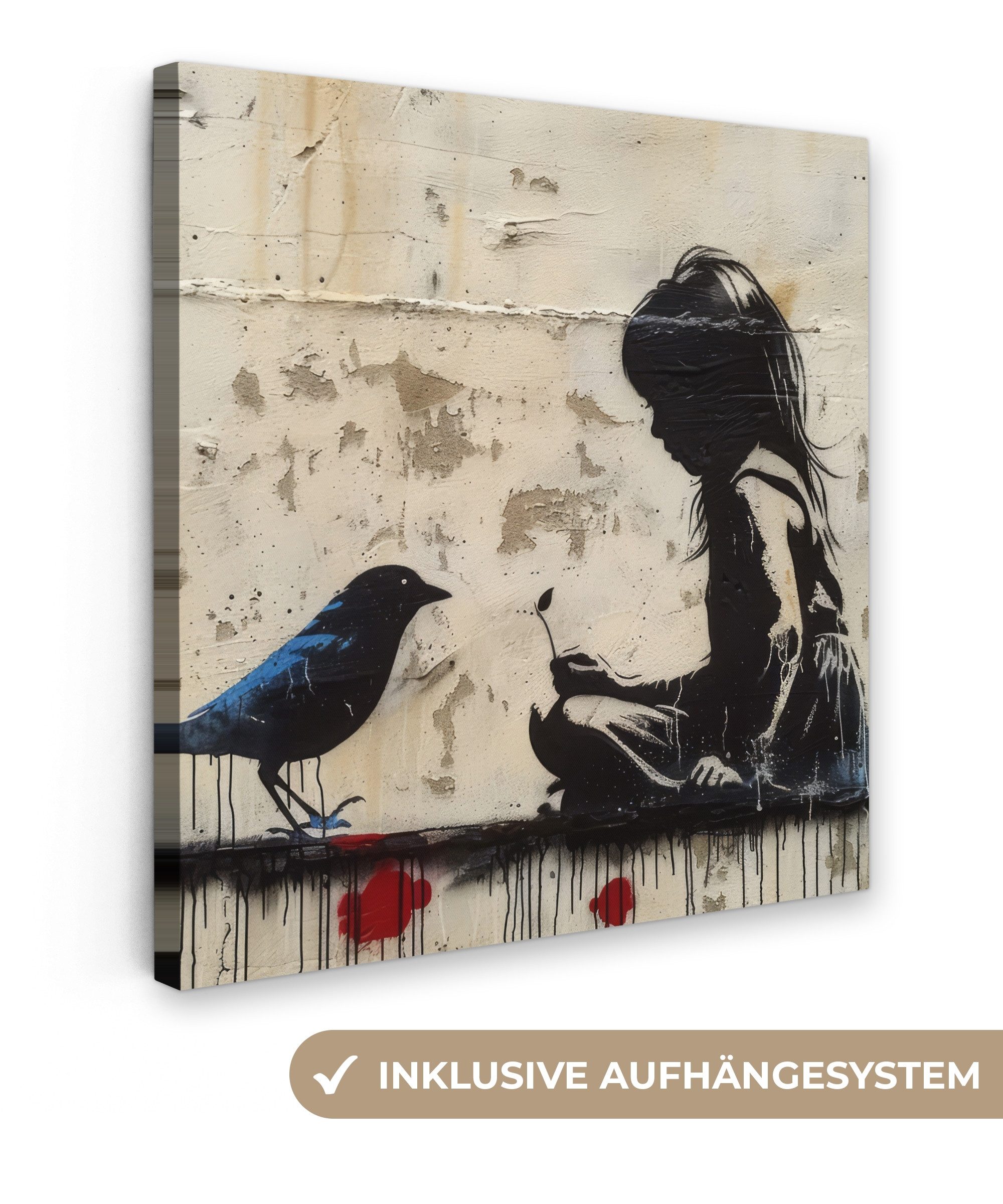OneMillionCanvasses® Leinwandbild Mädchen - Straßenkunst - Vogel - Abstrakt günstig online kaufen