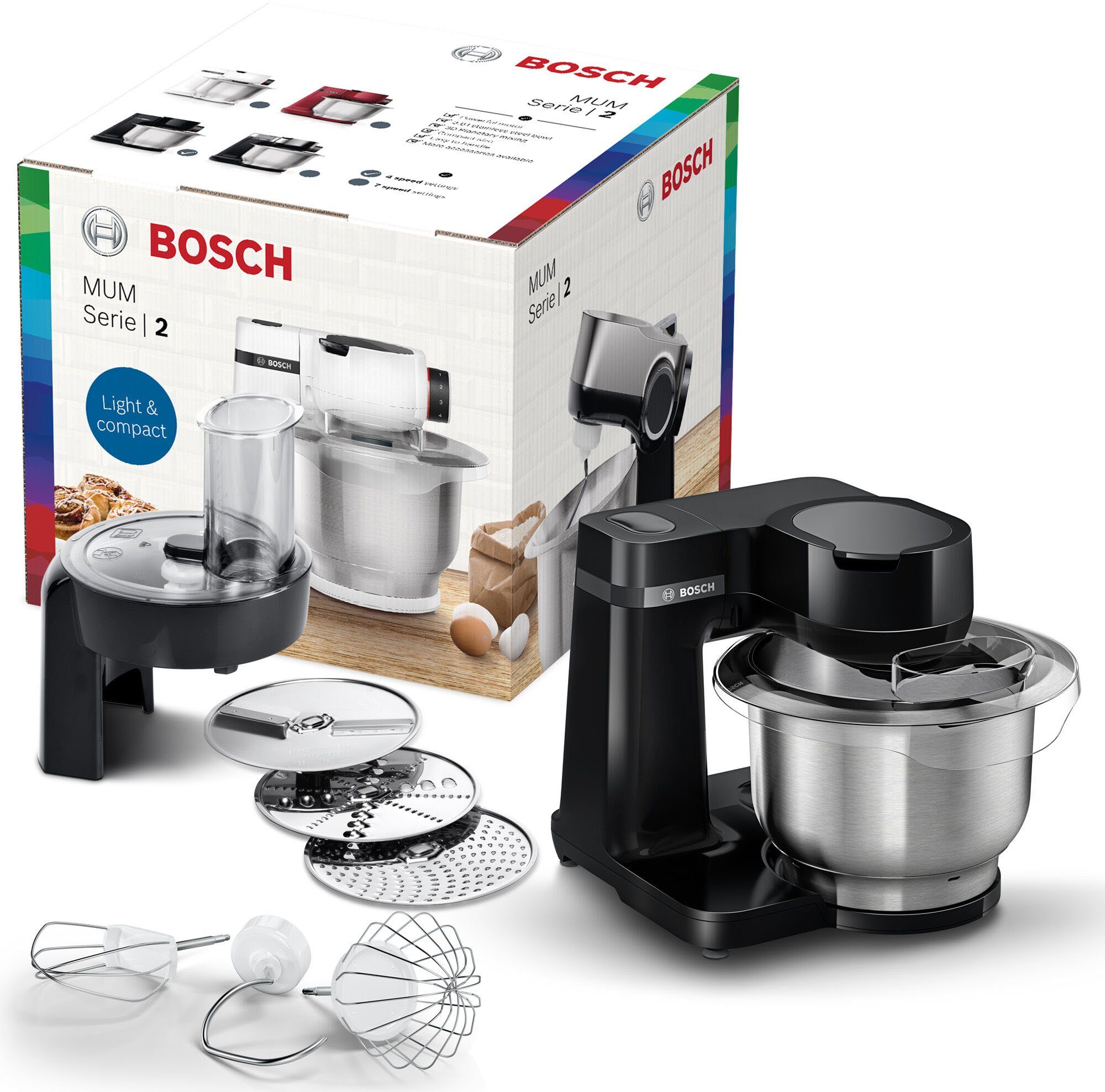 BOSCH Küchenmaschine MUMS2EB01 MUM Serie 2, 700 W, 3,8 l Schüssel, Durchlaufschnitzler, 3 Reibescheiben, Patisserieset Edelstahl