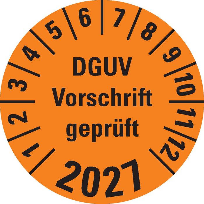 Dreifke Hinweisschild Dreifke® Prüfplakette DGUV Vorschrift geprüft 2027 orange Doku.folie Ø 30mm 18 St/Bogen