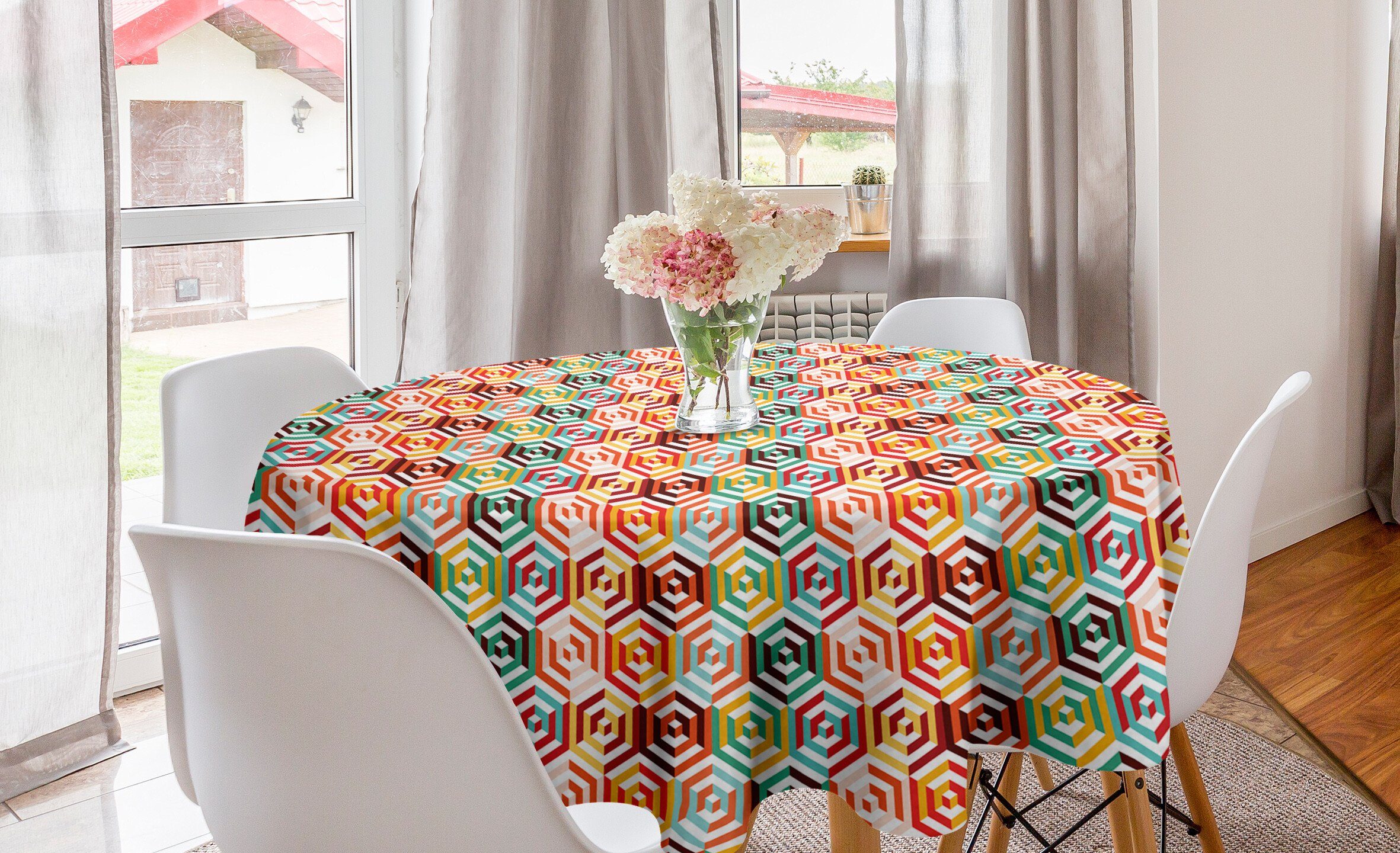 Abakuhaus Tischdecke Kreis Tischdecke Abdeckung für Esszimmer Küche Dekoration, Geometrisch Hexagonale Form Retro