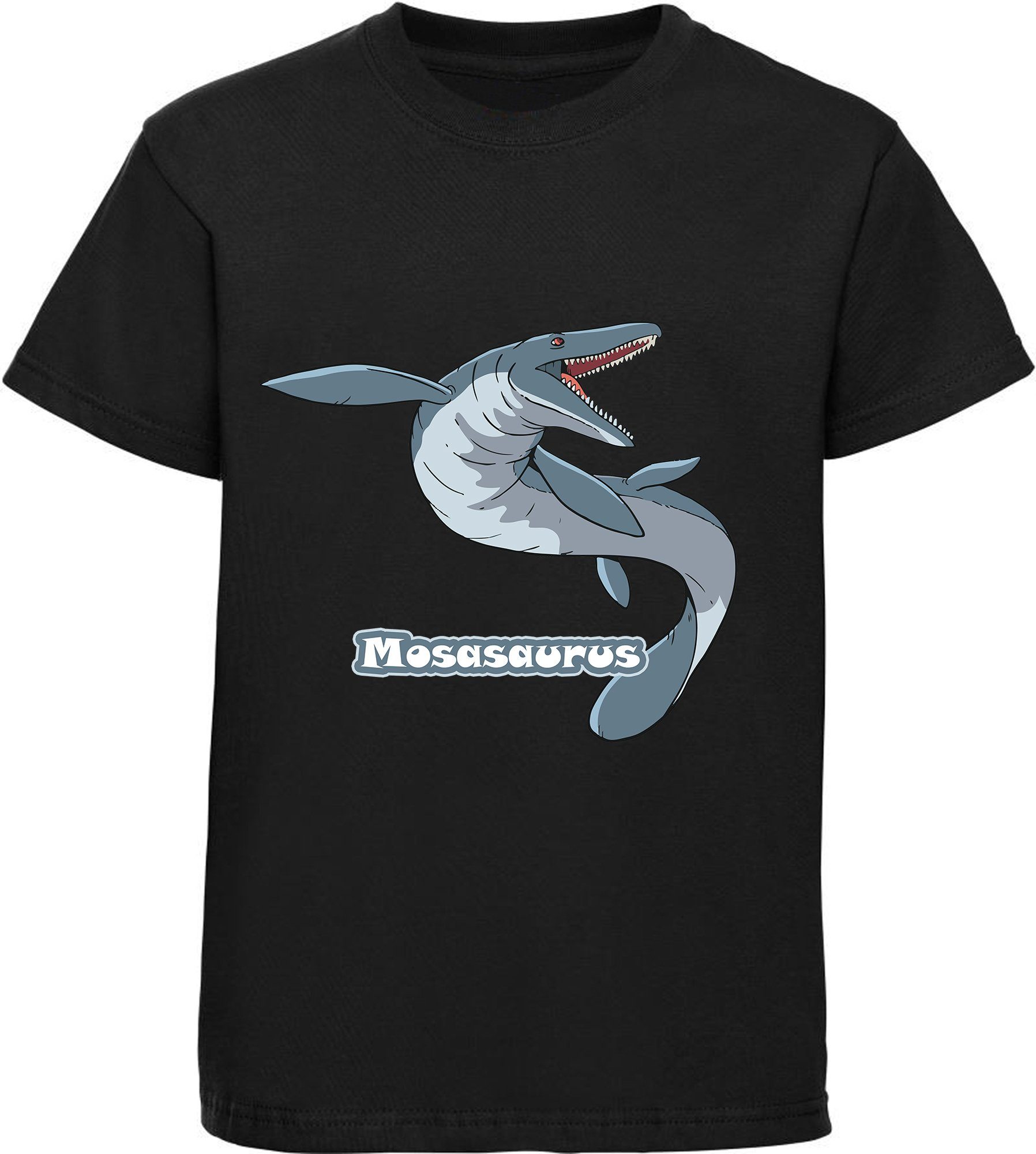 MyDesign24 T-Shirt bedrucktes Kinder T-Shirt mit Mosasaurus 100% Baumwolle mit Dino Aufdruck, schwarz i51