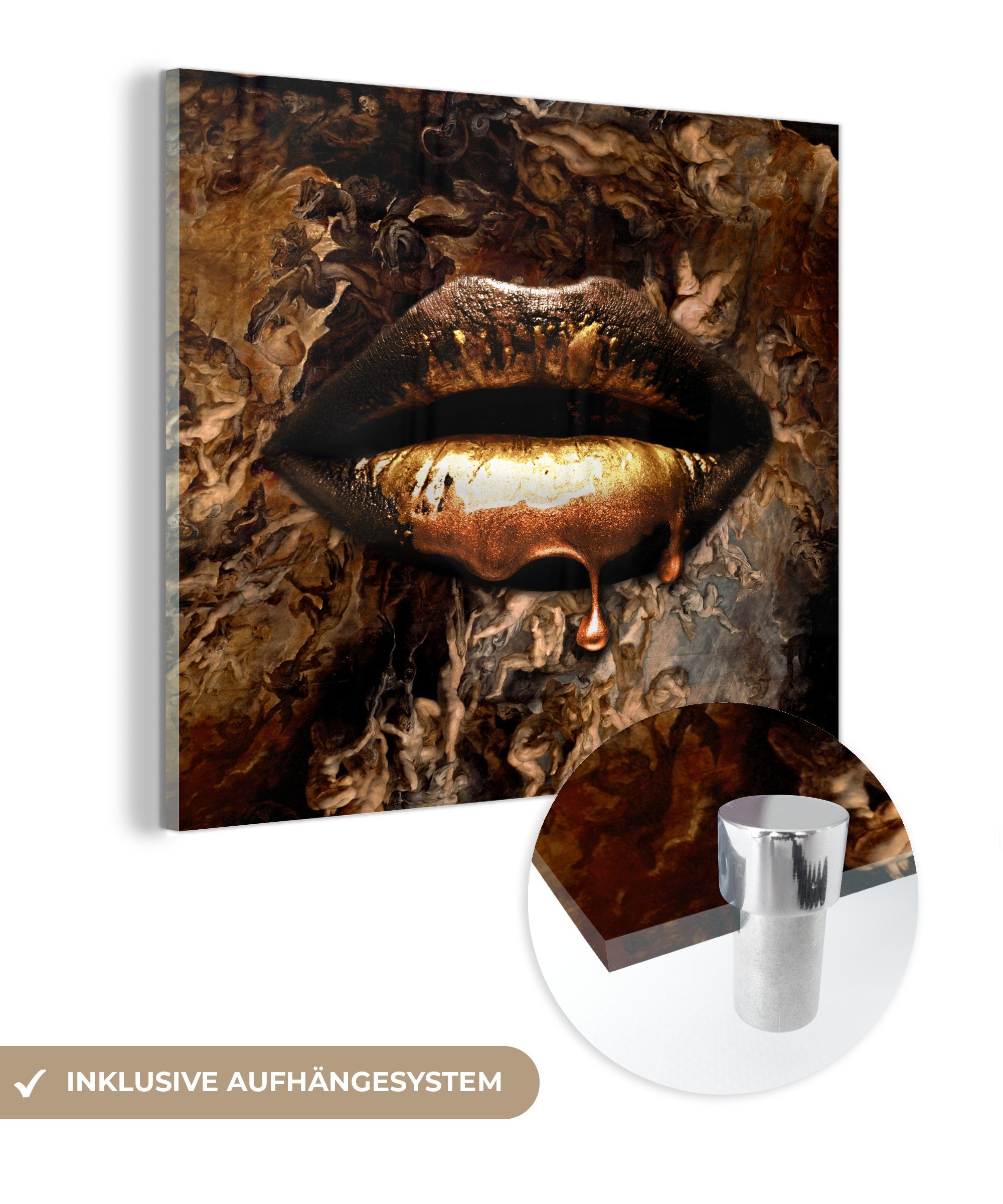 MuchoWow Acrylglasbild Gold - Lippen - Luxus, (1 St), Glasbilder - Bilder auf Glas Wandbild - Foto auf Glas - Wanddekoration bunt