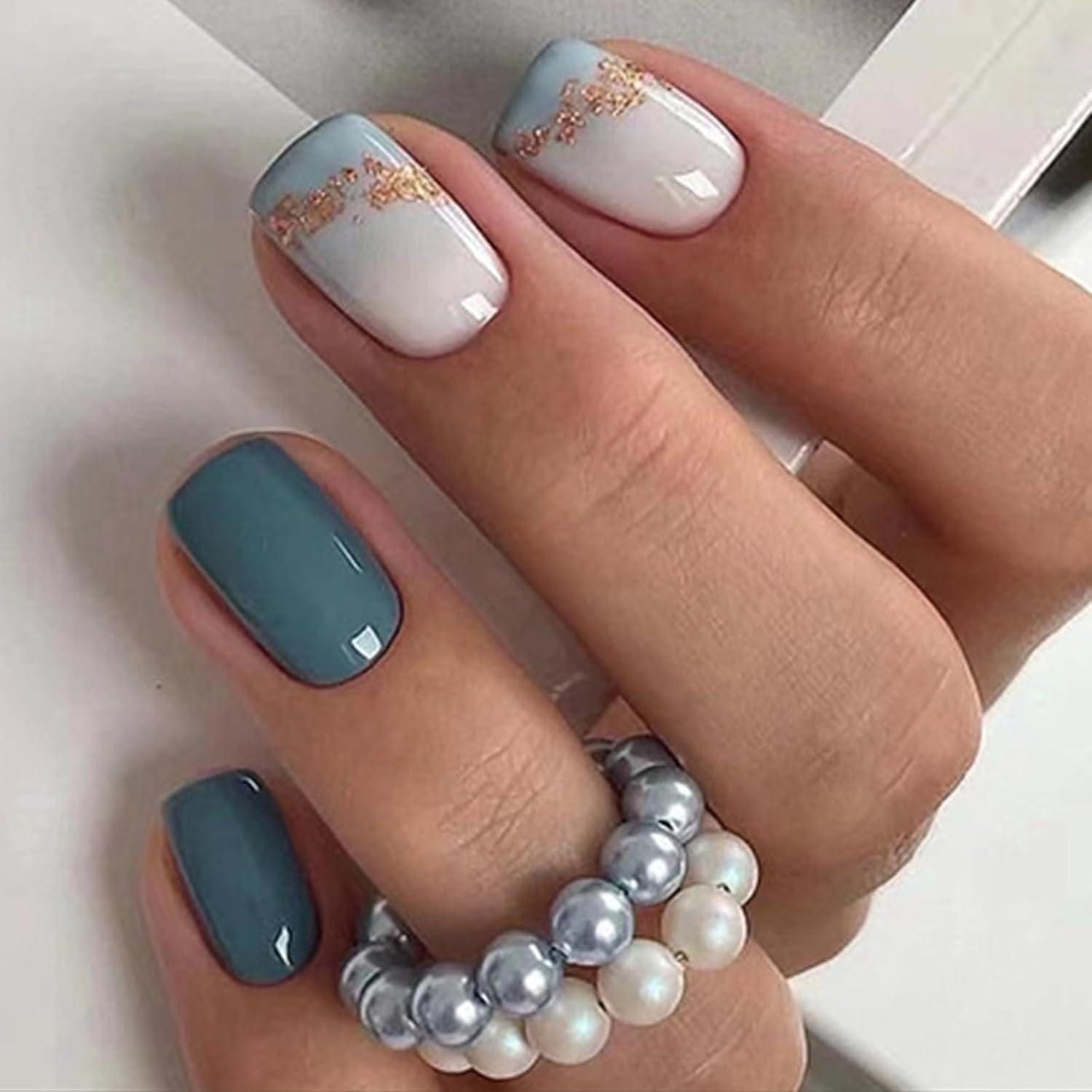 Kunstfingernägel 24 Stück Künstliche Nägel Blau Weiß Press on Nails mit Nagelkleber