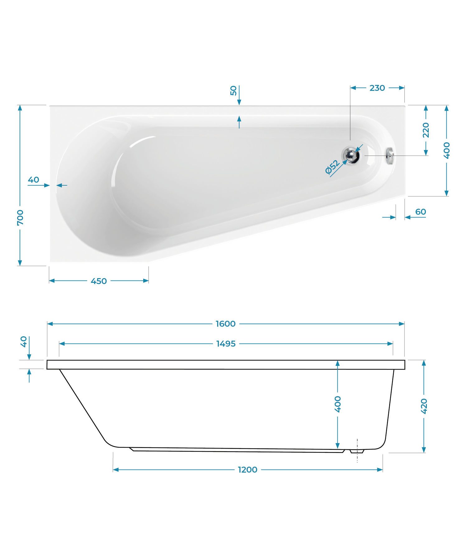 Calmwaters Badewanne Essential Small, Weiß, 160 x 70 cm, Acryl, Raumsparbadewanne, 02SL3329
