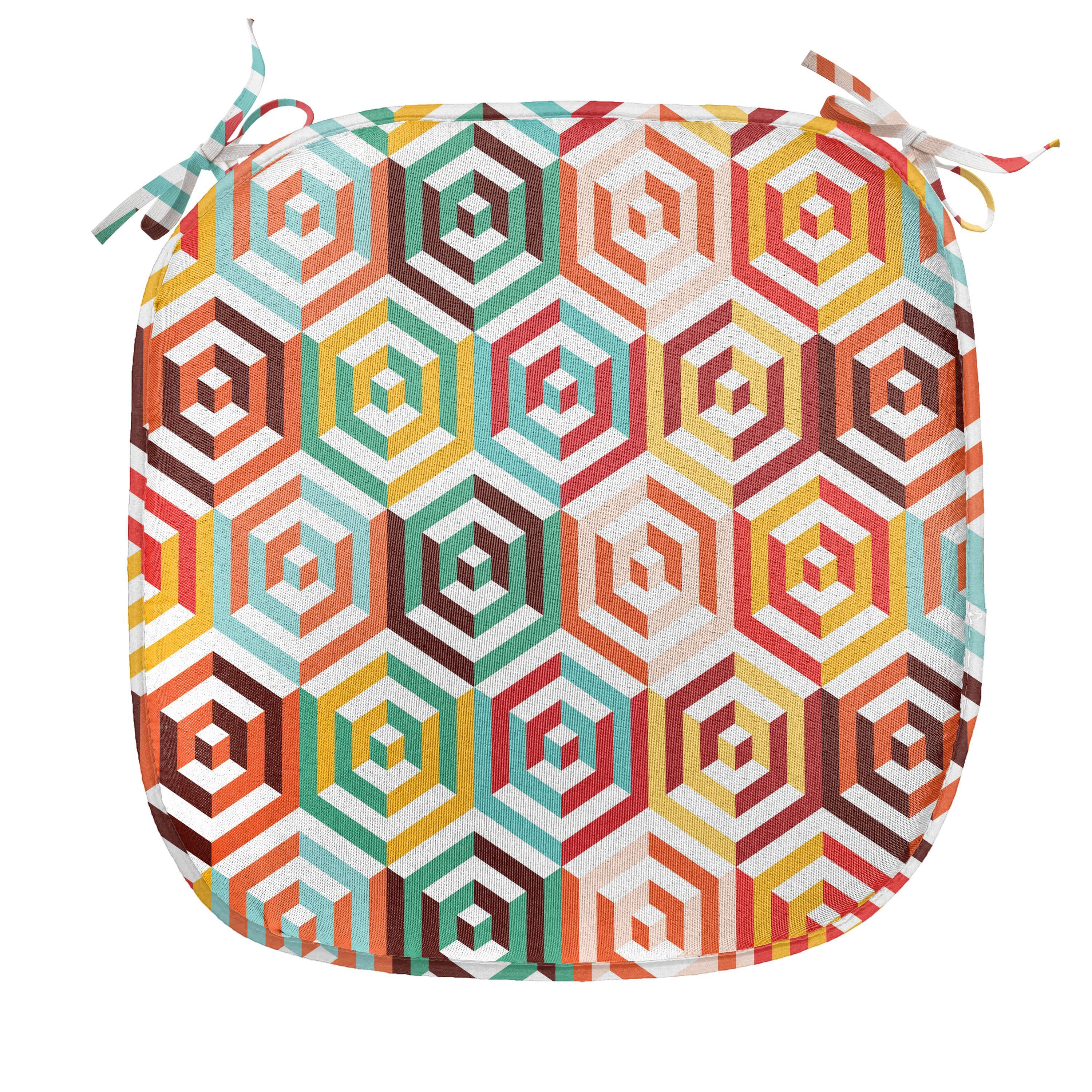 Abakuhaus Stuhlkissen Dekoratives wasserfestes Kissen mit Riemen für Küchensitze, Geometrisch Hexagonale Form Retro
