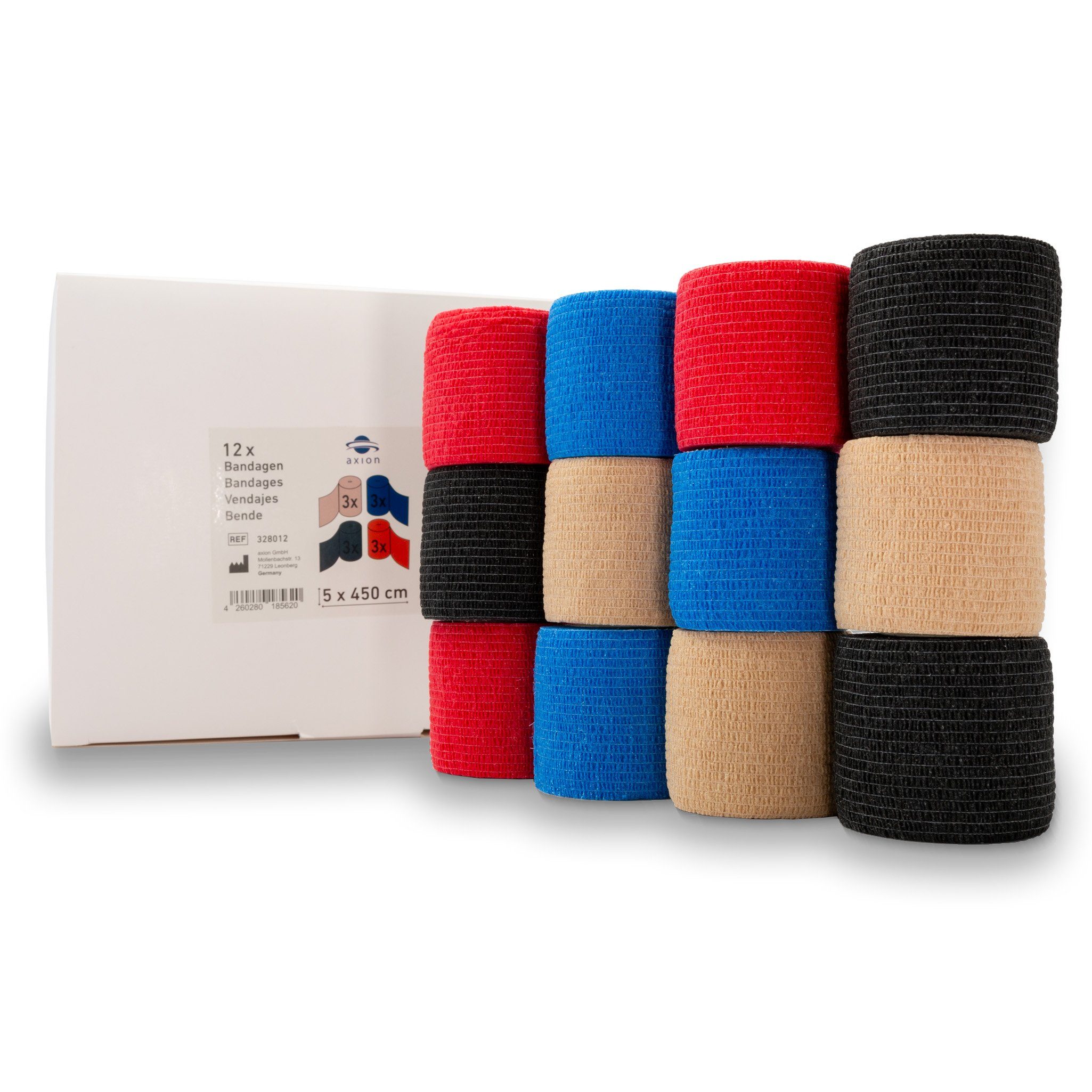 Axion Bandage 12x4.5m selbstklebende Haftbandage 5 cm Breite Set in 4 Farben (12-tlg), z.B. als Fußbandage, Handbandage, Kniebandage, Armbandage