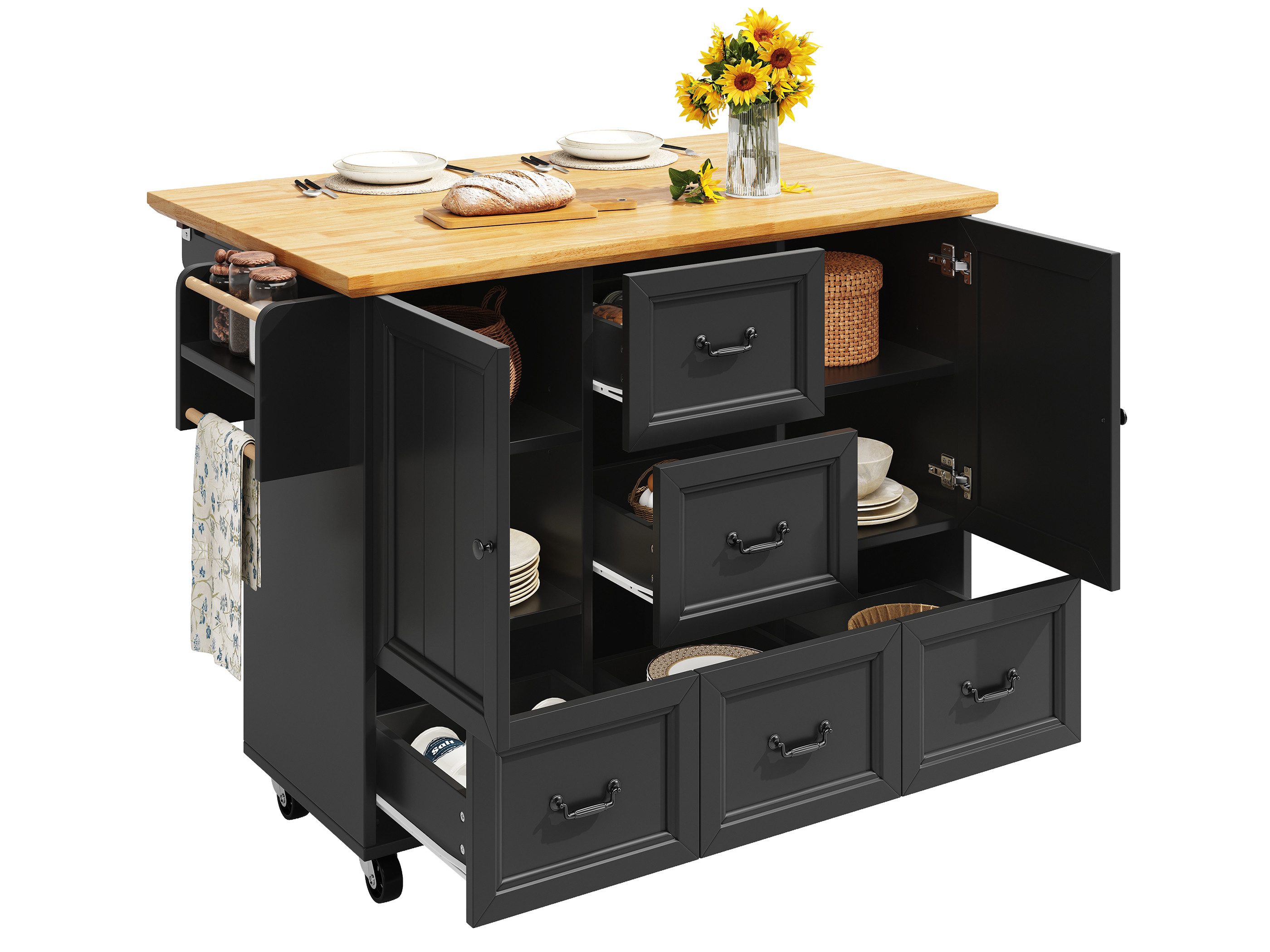 SeedWave Kücheninsel Vielseitiger Rollwagen mit Klappbarer Tischplatte, Viel Stauraum, Davon 2 feststellbare Rollen, 2 höhenverstellbare Regale