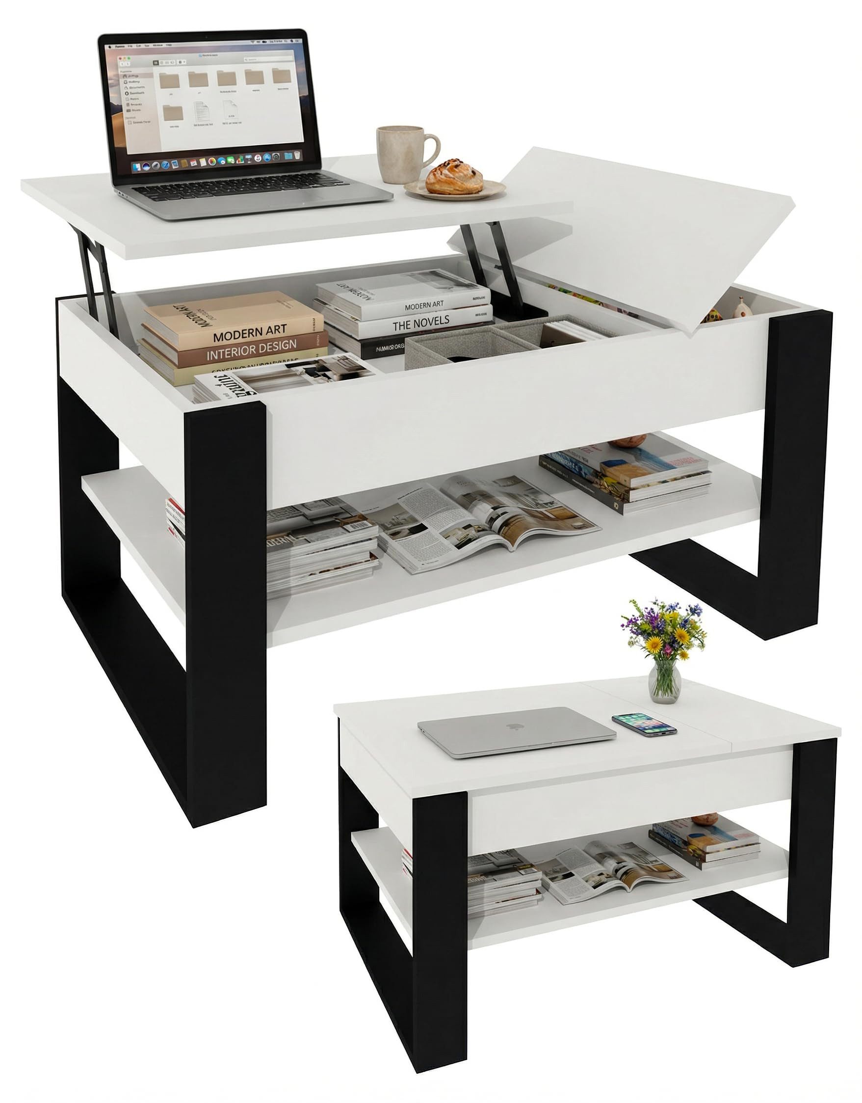 TREND WERK Couchtisch Lift-Couchtisch höhenverstellbar Sofatisch 92×54 cm mit Stauraum (verstecktem Fach Wohnzimmertisch Holz modern Wohnzimmertisch)