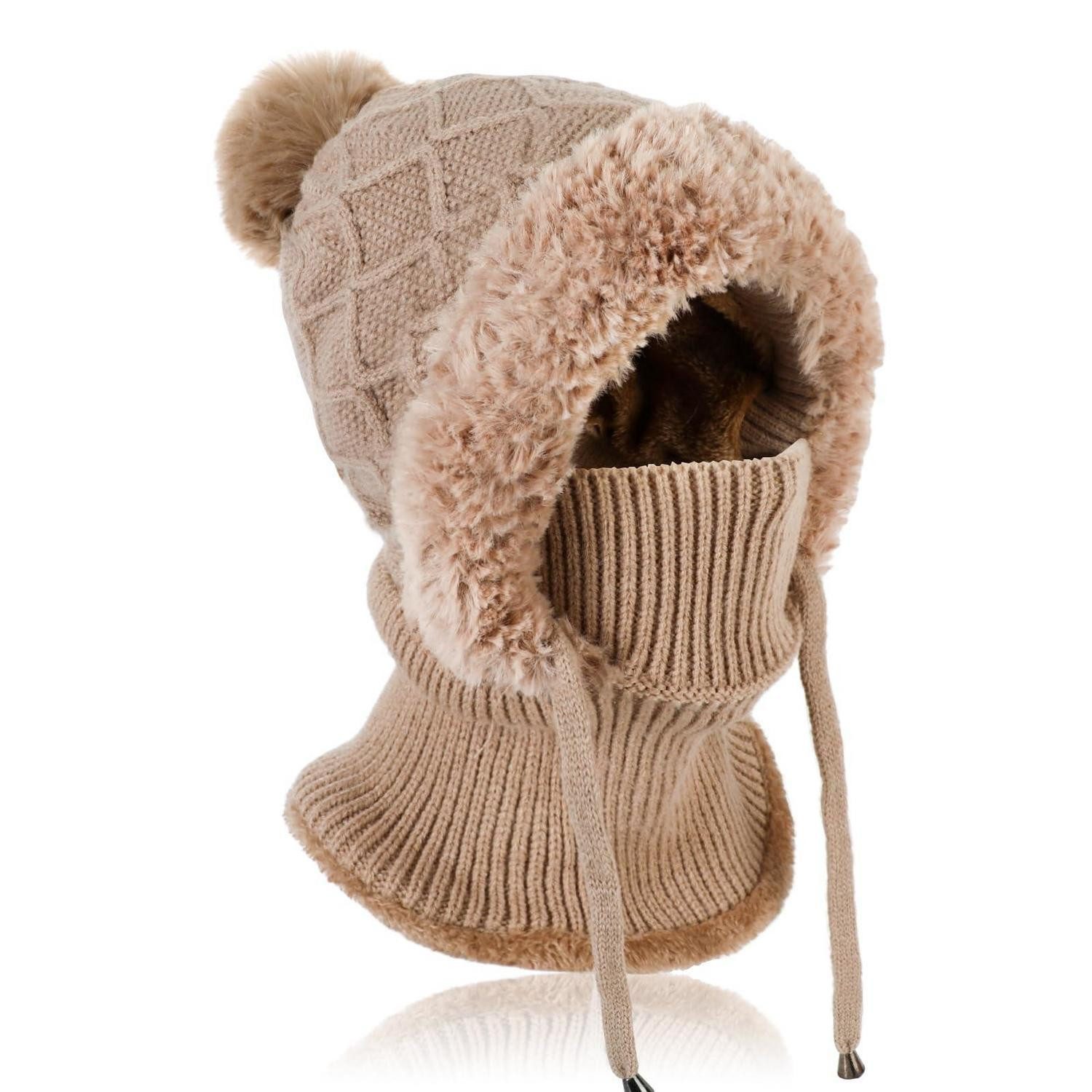 Sturmhaube Strickmütze Damen 3in1 Beanie Halswärmer Sturmhaube Fleece Khaki