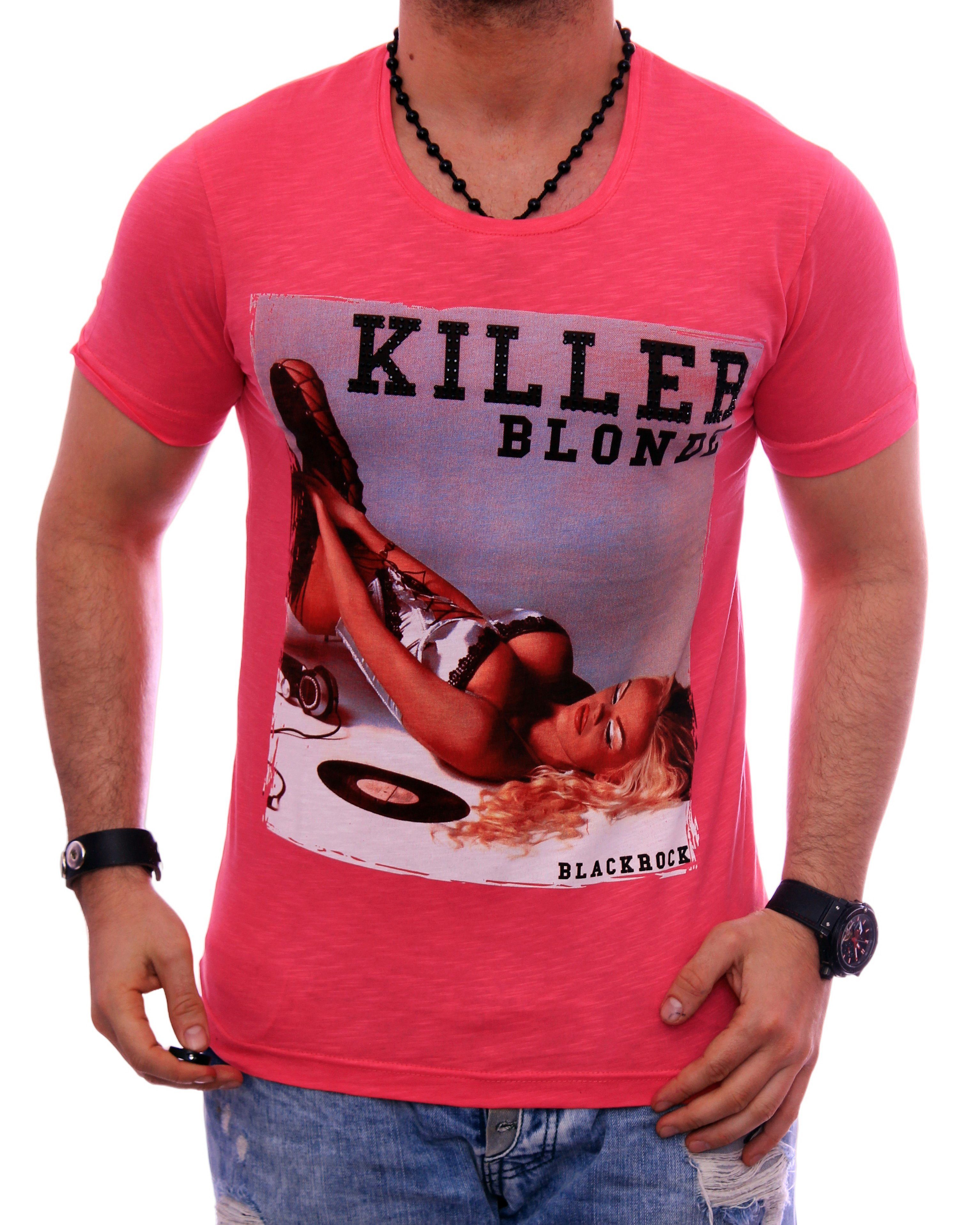 Strasssteine Motiv BLACKROCK Slim-Fit Urlaub Herren Print bedruckt T-Shirt kurzarm Pink T-Shirt Shirt Rundhals