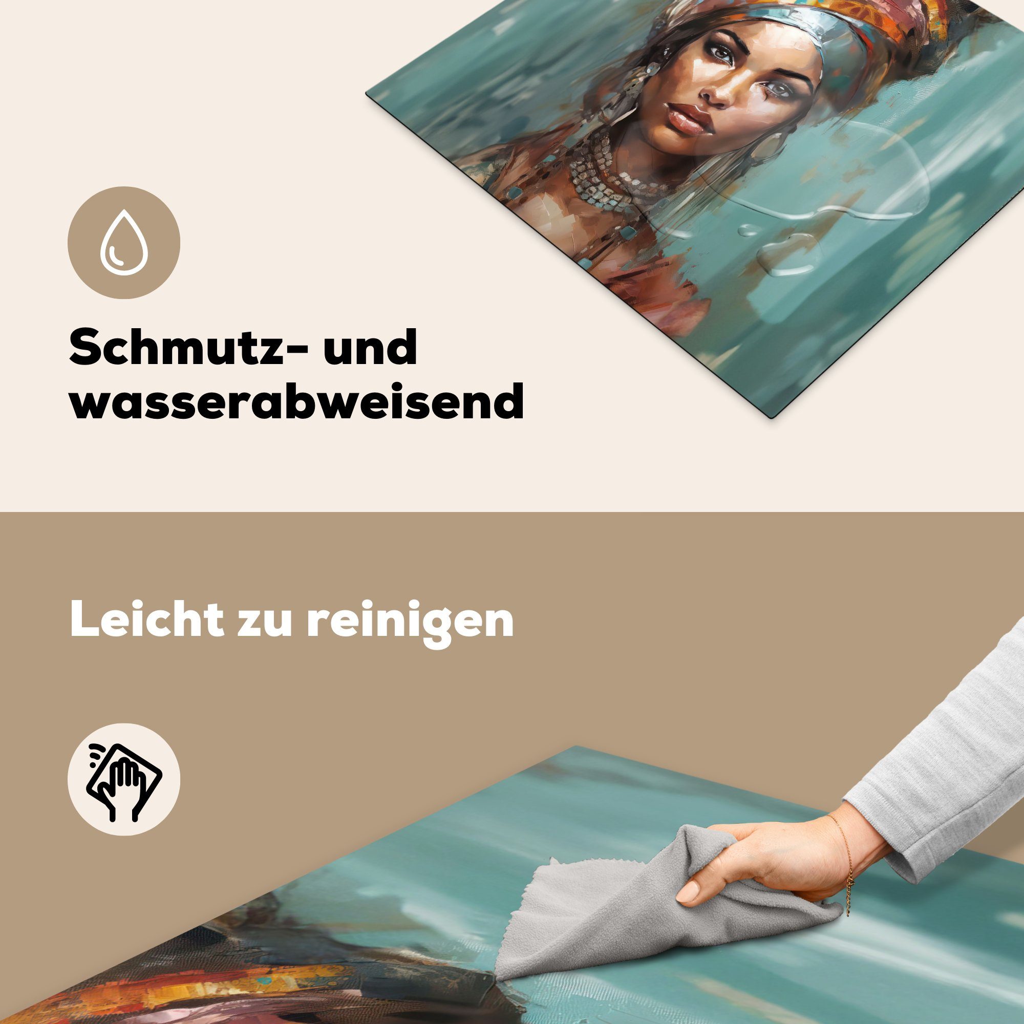 MuchoWow Herdblende-/Abdeckplatte Frau 60x52 (1 Mobile tlg), Ceranfeldabdeckung cm, nutzbar, Arbeitsfläche Vinyl, - Schmuck Porträt, Kunst - 