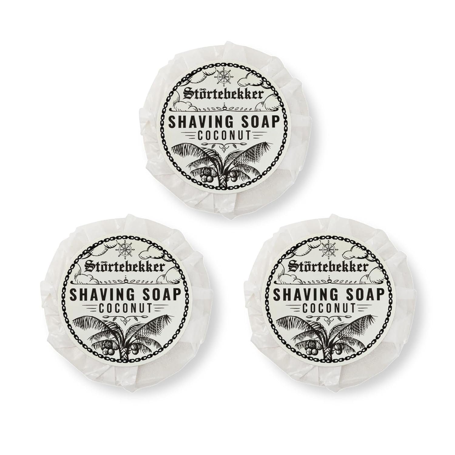 Störtebekker Rasierseife Kokos - für ergiebigen Rasierschaum - Handgefertigt, 3-tlg., Vegan, plastikfrei verpackt, handgefertigt