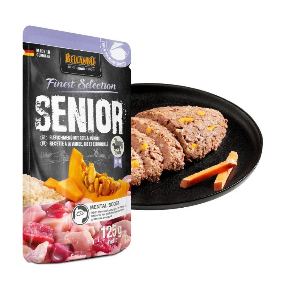 Belcando Senior Fleischmenü mit Reis & Kürbis - Nassfutter in Frischebeuteln 12x125g, Nassfutter für: Hunde