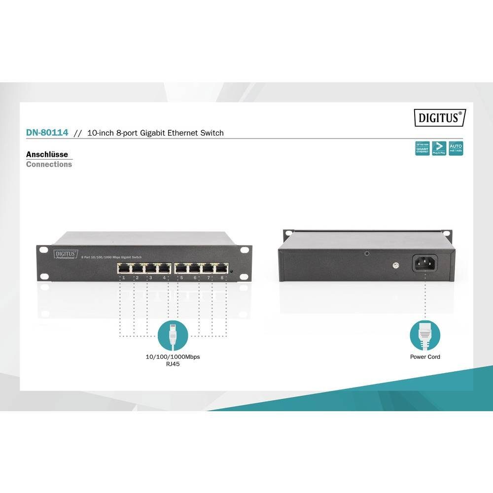 x Ethernet Digitus 10″ Gigabit Netzwerk-Switch Switch, 8 8-Port