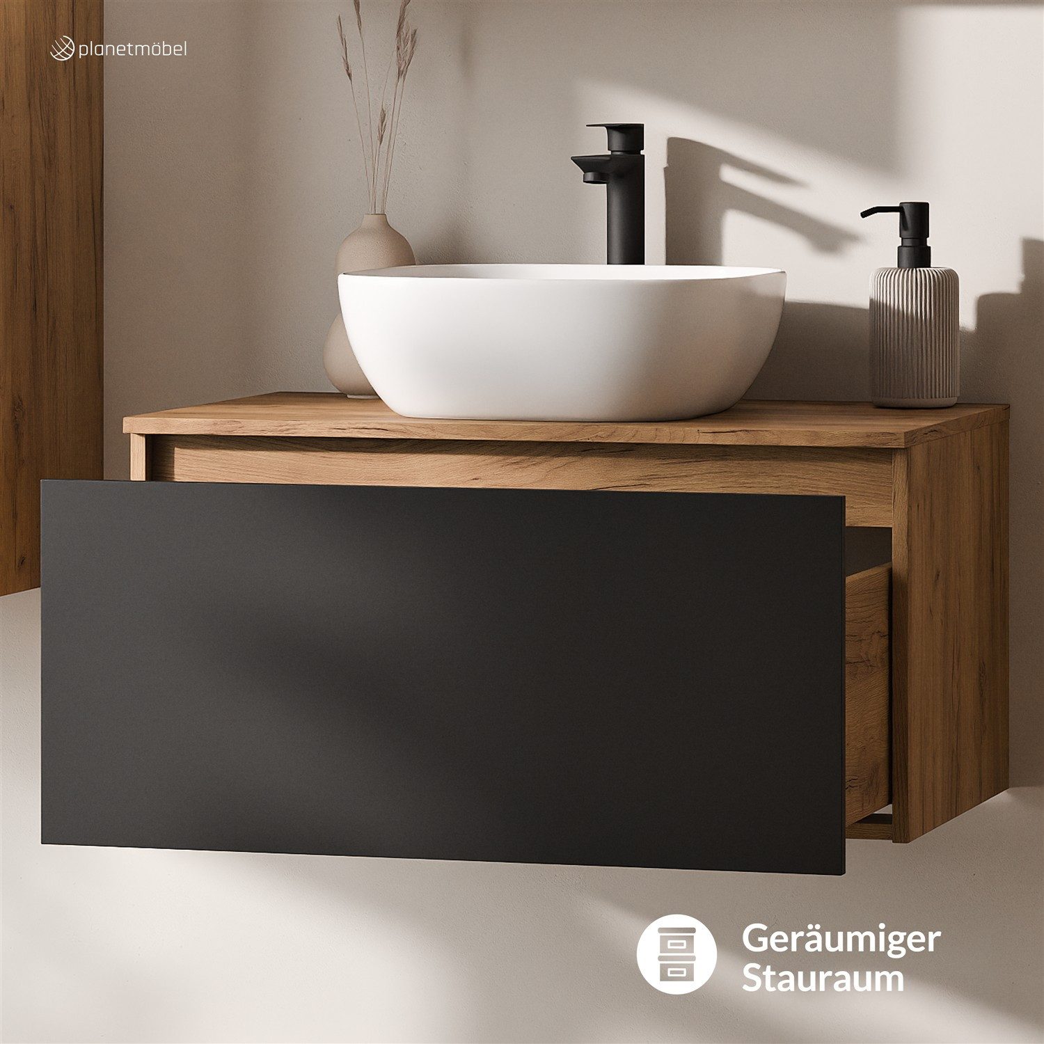 Planetmöbel Waschtisch-Set Arisa 2 teilig, Waschtisch mit Unterschrank 80 cm, Waschbecken 42 cm, (Waschtischunterschrank hängend für Gäste WC & Bad, schwarz, Badmöbel Set mit Waschbecken 42 cm weiß), Schublade mit Soft-Close Funktion