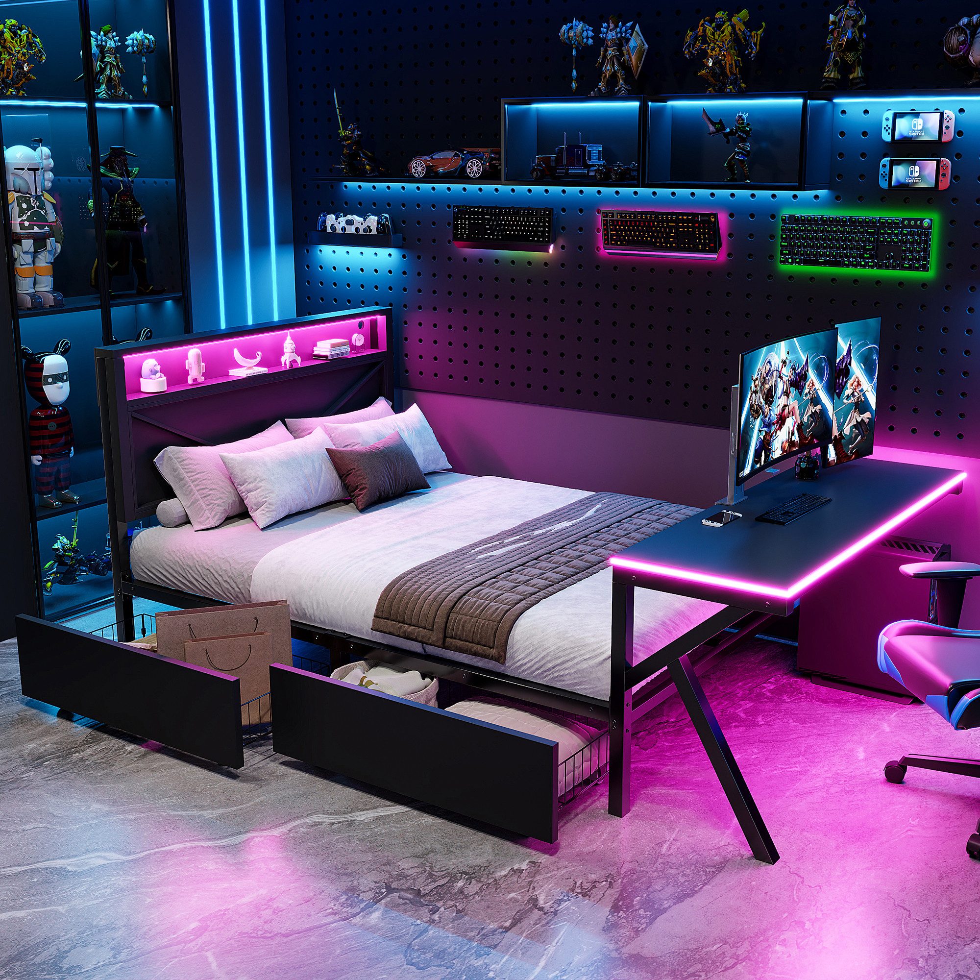 Flieks Metallbett, Gamingbett Plattformbett 140x200cm mit Schreibtisch und 2 Schubladen