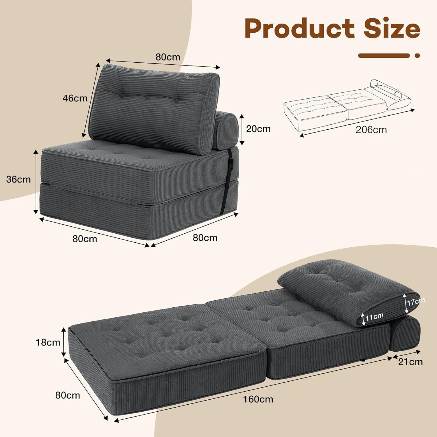 MECO Schlafsofa 3-in-1 Klappsofa Schlafsessel Cordstoff mit Kopfkissen+Lendenkissen, Komfortable Schlafcouch Bodensofa 80cm für Schlafzimmer Wohnzimmer – Bild 5 von 5
