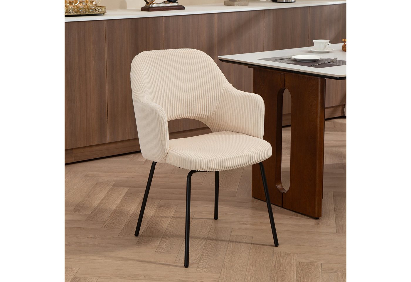 HOMCOM Esszimmerstuhl Essstuhl, Polsterstuhl mit Armlehne, Rückenlehne (Küchenstuhl, 1 St), bis 120 kg belastbar, für Küche, Esszimmer, Wohnzimmer, Beige