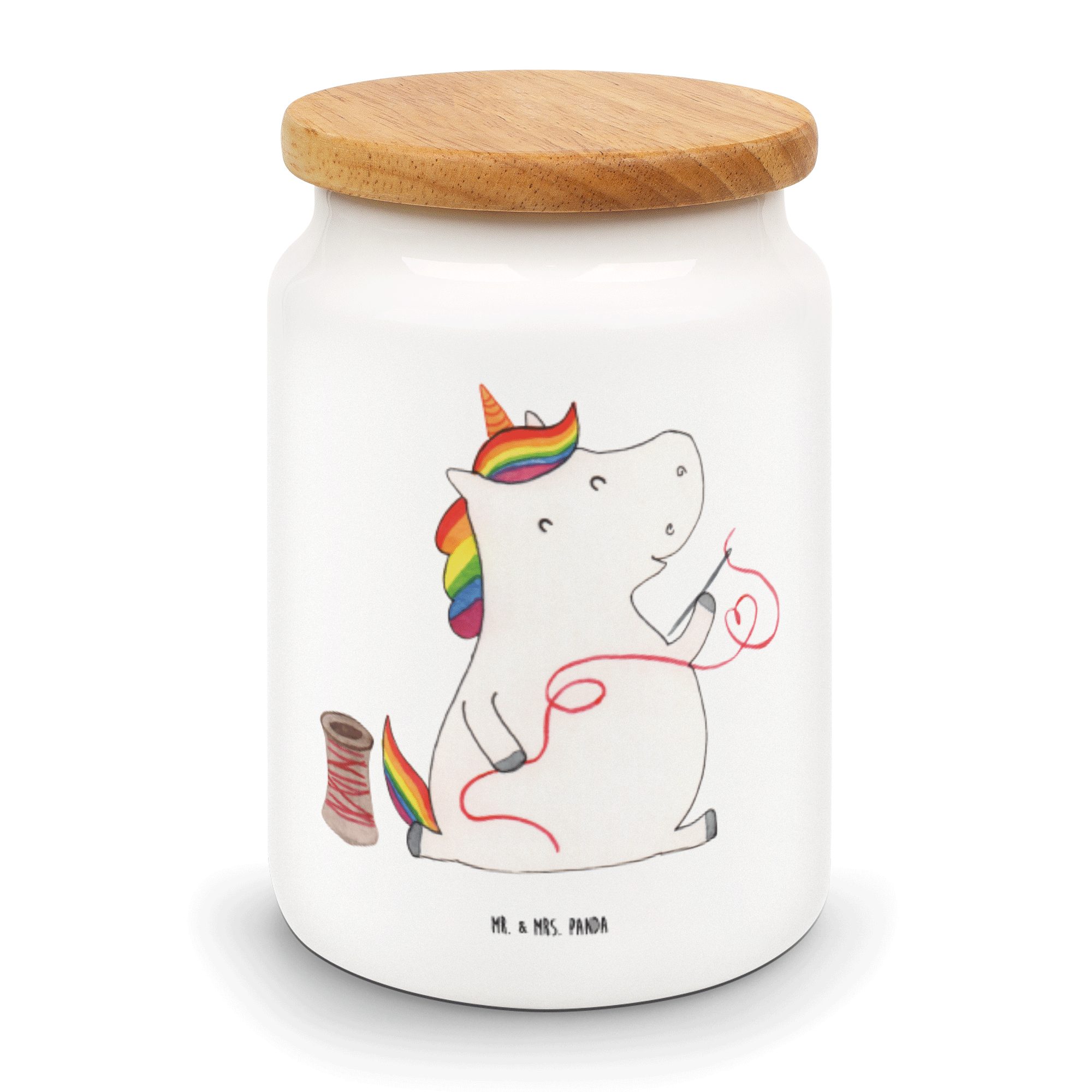 Mr. & Mrs. Panda Vorratsdose Einhorn Näherin - Weiß - Geschenk, Unicorn, Keksdose, Vorratsdose, Ei, Keramik, (1-tlg)