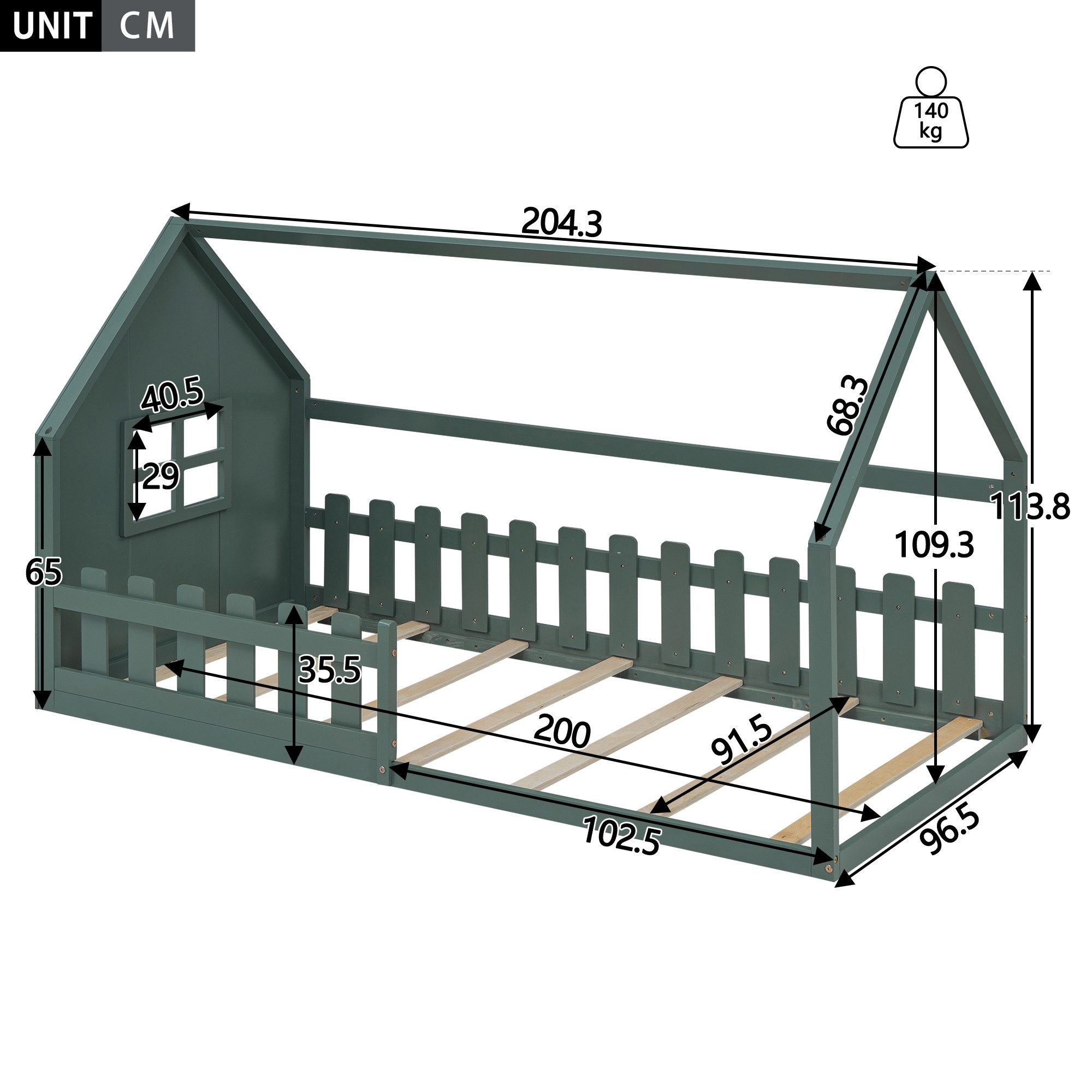 Flieks Massivholzbett, Kinderbett Hausbett Einzelbett 90x200cm mit Lattenrost und Zaun