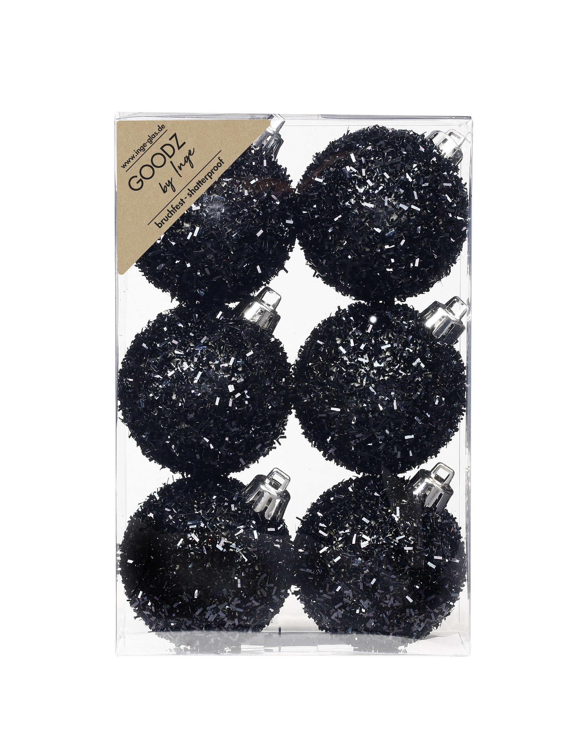 Holly & Jolly Weihnachtsbaumkugel, Weihnachtskugeln mit Lametta dekoriert Kunststoff 6cm Schwarz 6er Set