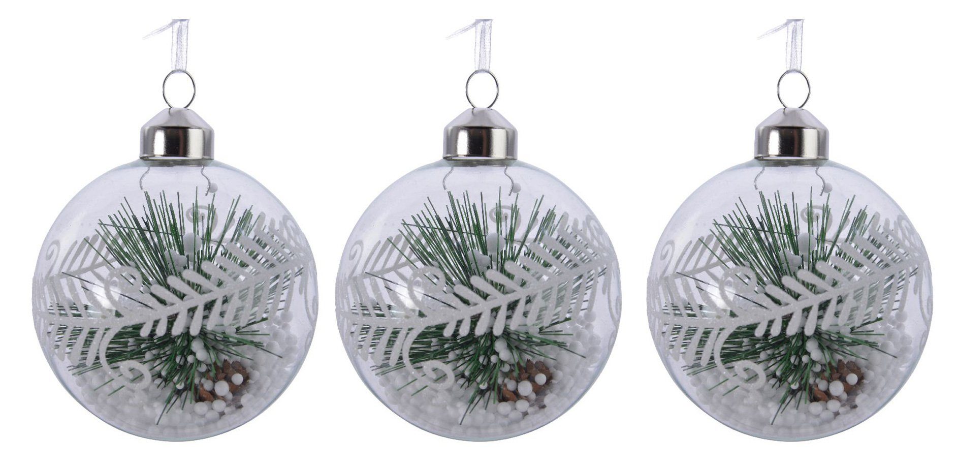 Decoris season decorations Christbaumschmuck, Weihnachtskugeln gefüllt mit Tannenzweig Glas 8cm, 3 Stück