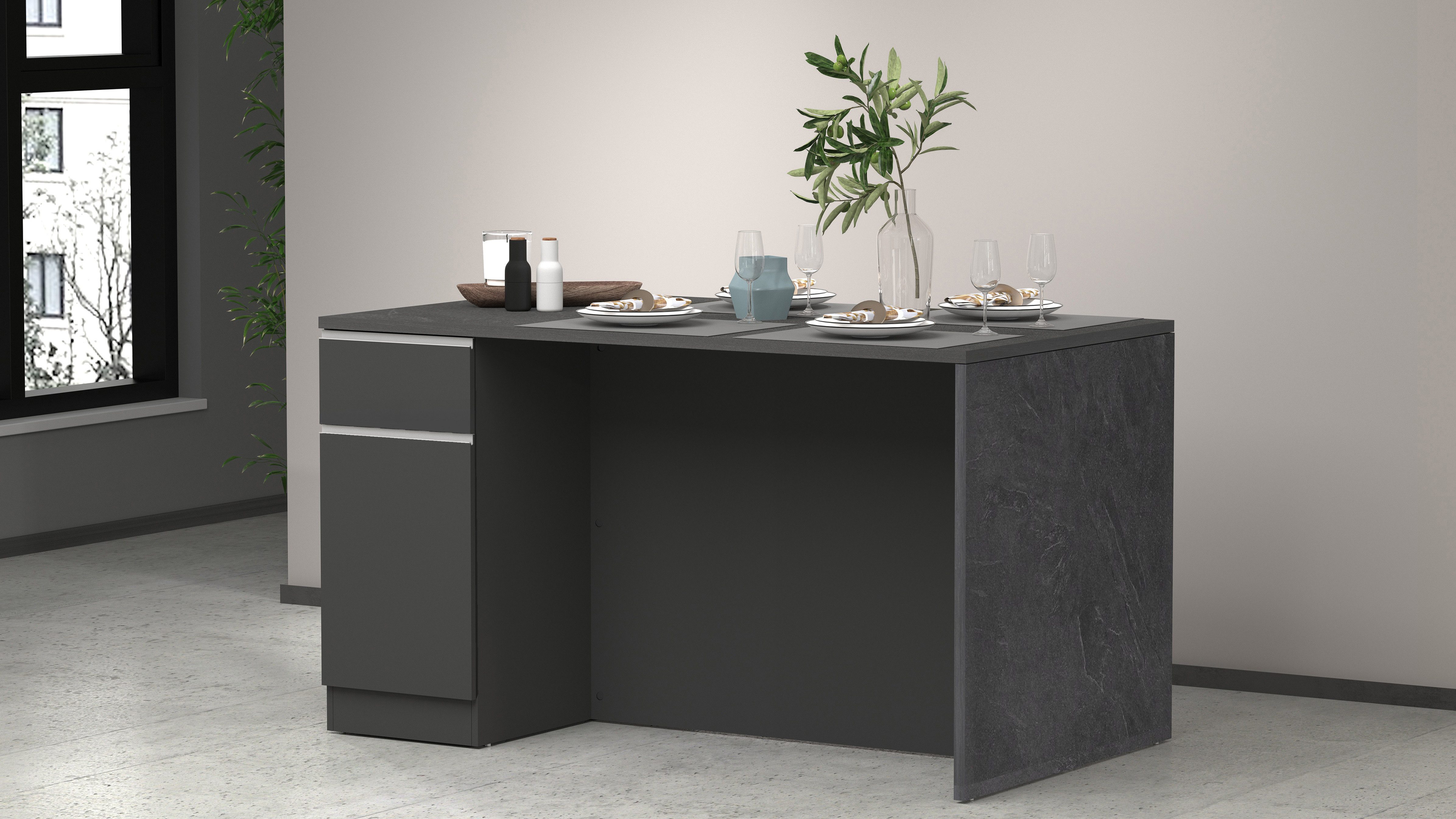 KOCHSTATION Kücheninsel Sole,Kochinsel,Küchenarbeitsblock,Inselküche,Arbeitsinsel, Breite 160 cm mit 2 Türen,2 Schubkästen, Aluminiumgriff