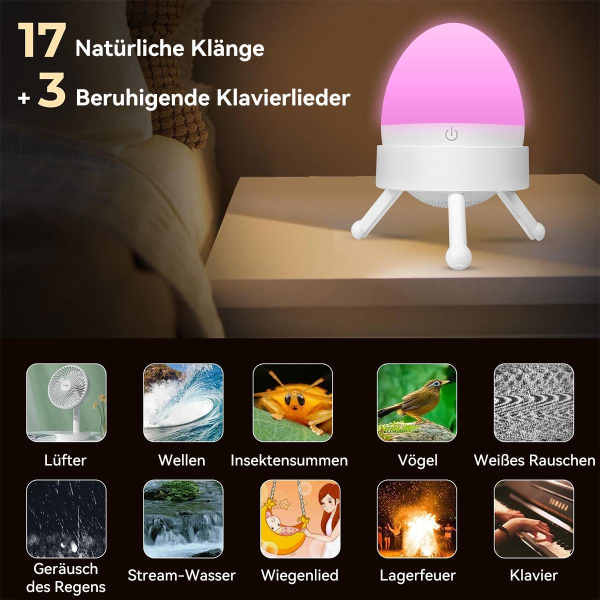 Lichtmodi Eiförmiges Einschlafhilfe,7-Farben-Lichter,4 Nachtlicht mit DOPWii Nachtlicht