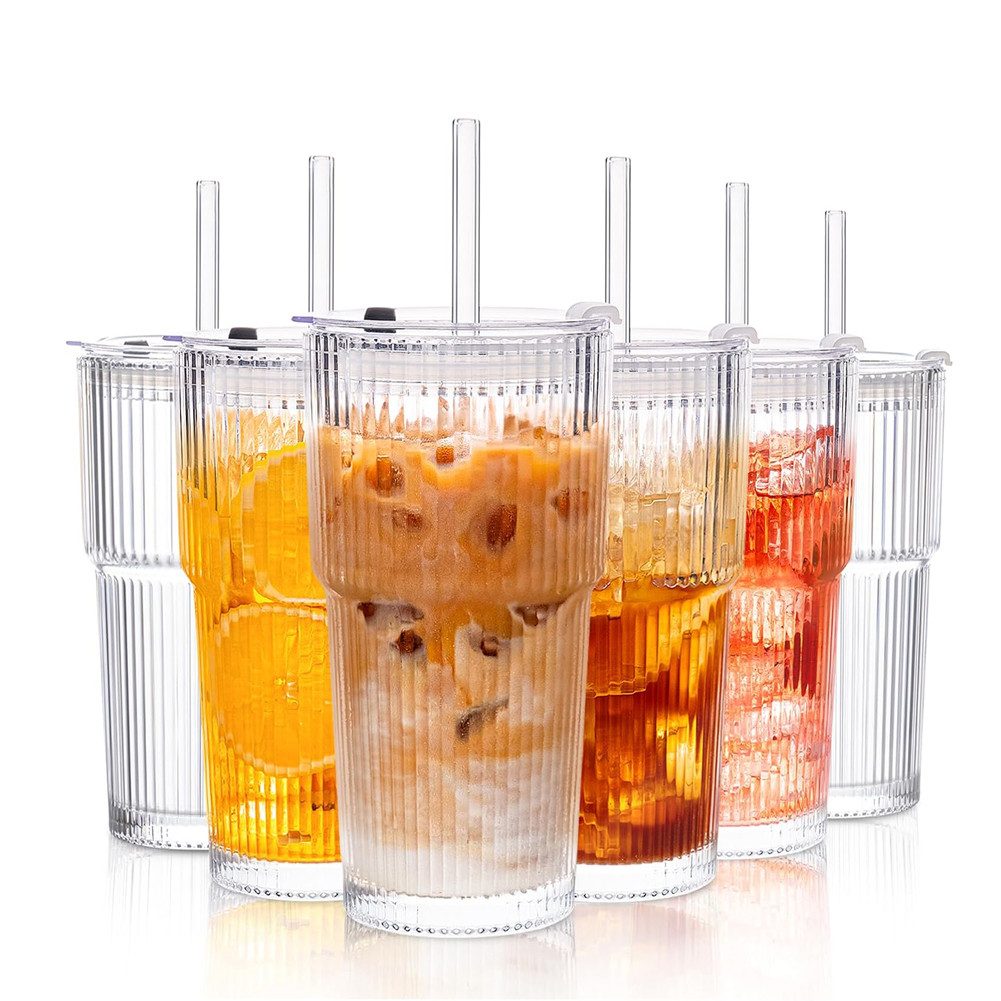 FANNOU Gläser-Set Gerippte Glasbecher mit Deckel und Strohhalm, 6-tlg., luftdichtes und wasserdichtes Design, ideal als Kaffee