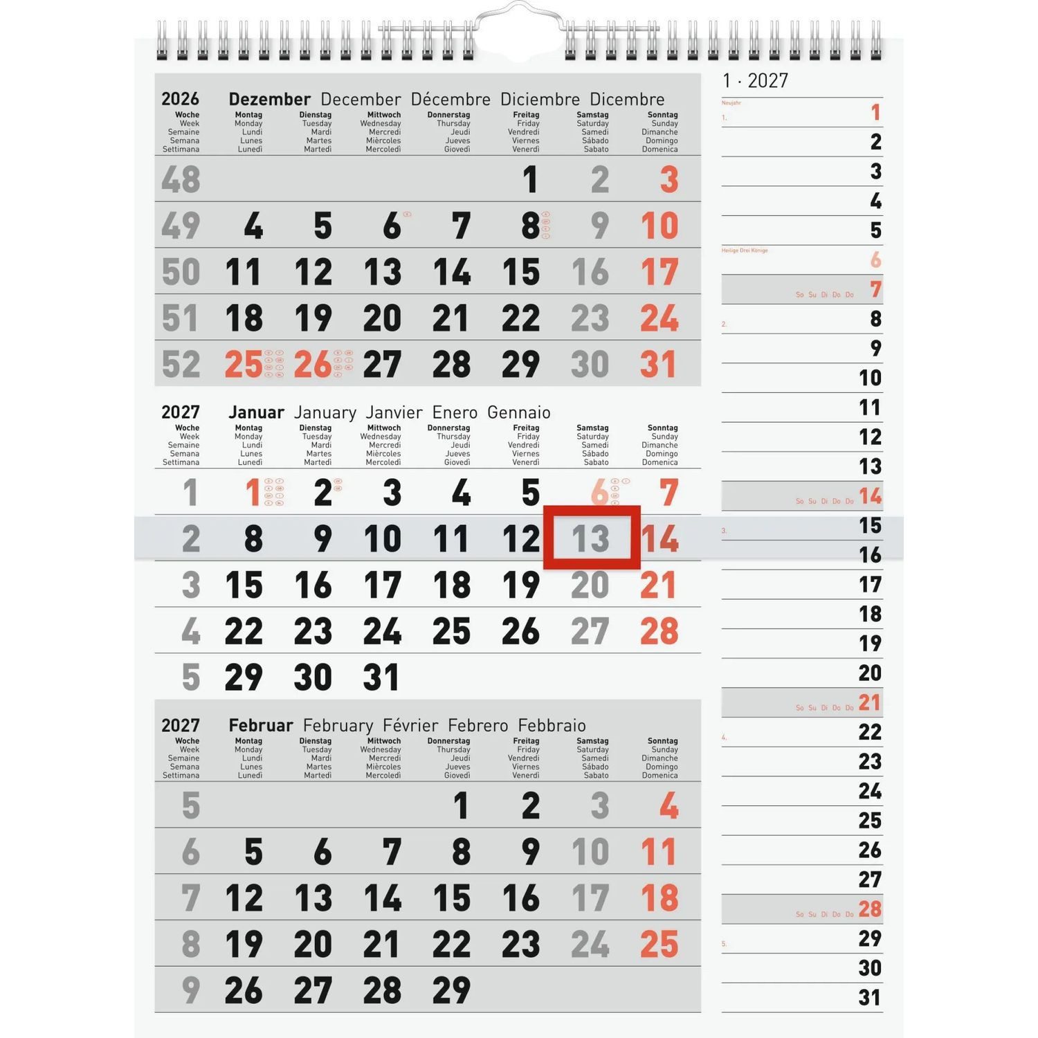 Monatskalender rido/idé 7033330007 3-Monatskalender 2027 grau, 300×390 mm