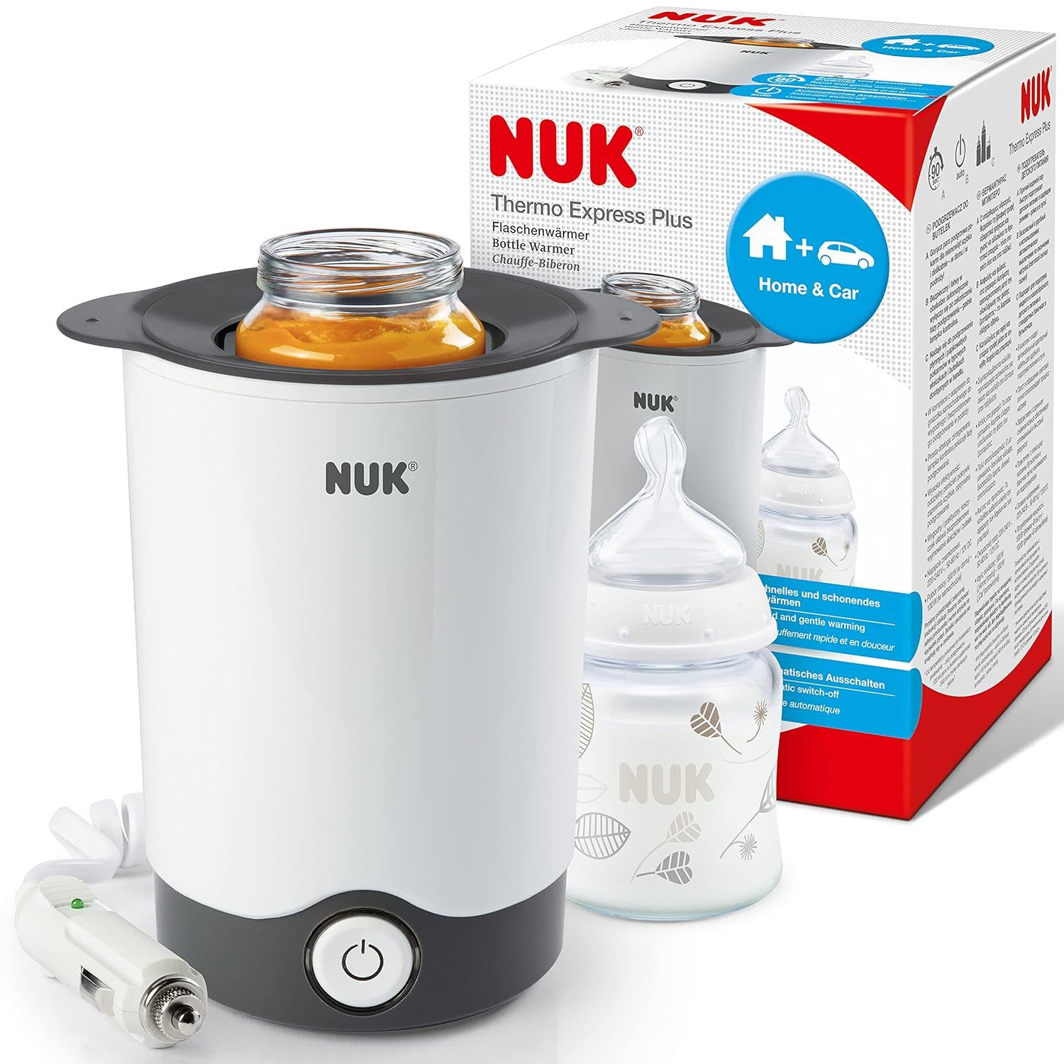NUK Flaschenwärmer NUK Thermo Express Plus Flaschenwärmer EU-Stecker & 12-V-Reiseadapter, Erwärmen von flüssiger und breiförmiger Nahrung in 90 Sekunden