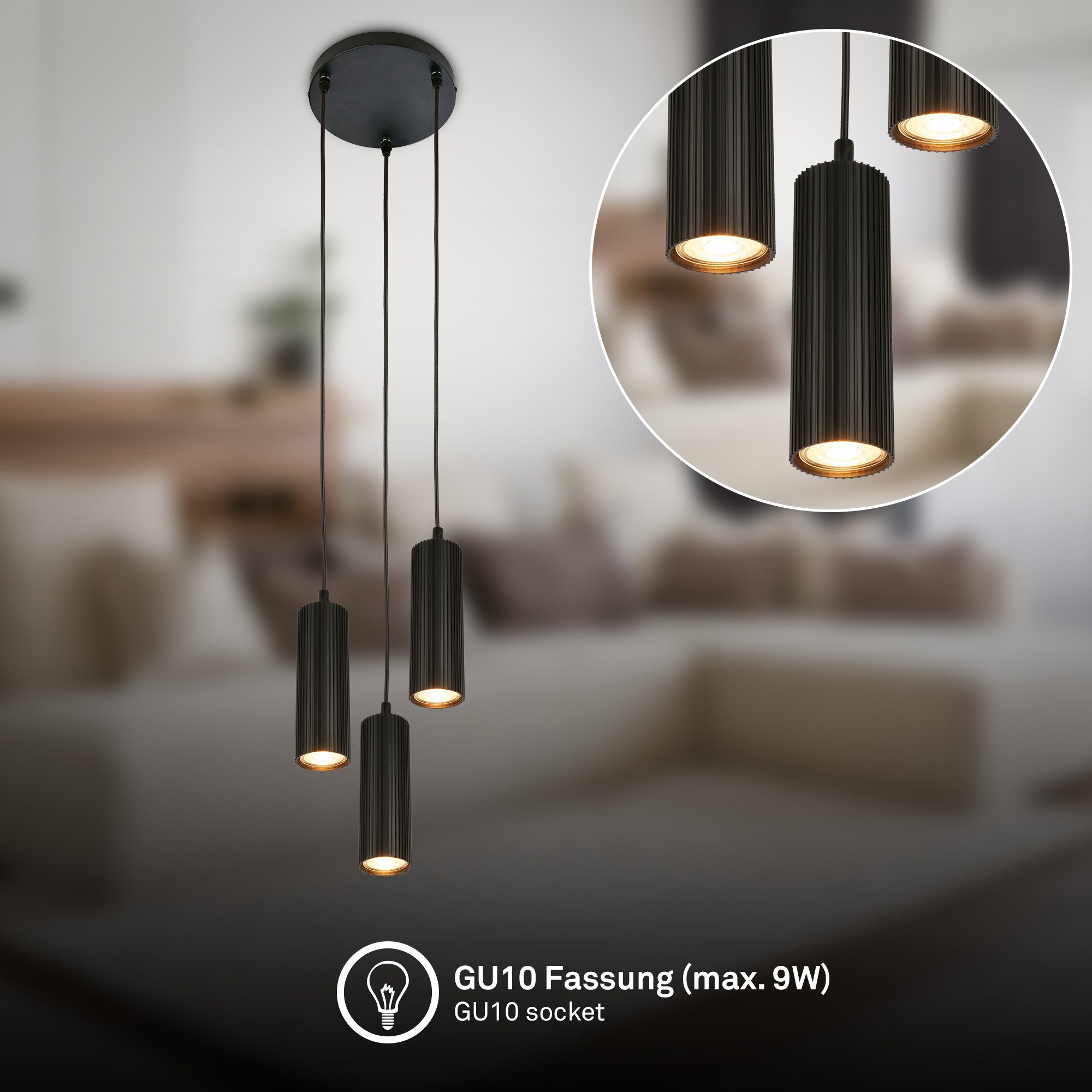 Briloner Leuchten LED Pendelleuchte Hängelampe Höhenverstellbar GU10 Riffle-Optik, 3-Flammig, ohne Leuchtmittel, Abhängig vom Leuchtmittel, 20x120 cm, Esszimmer, Esstisch, Wohnzimmer