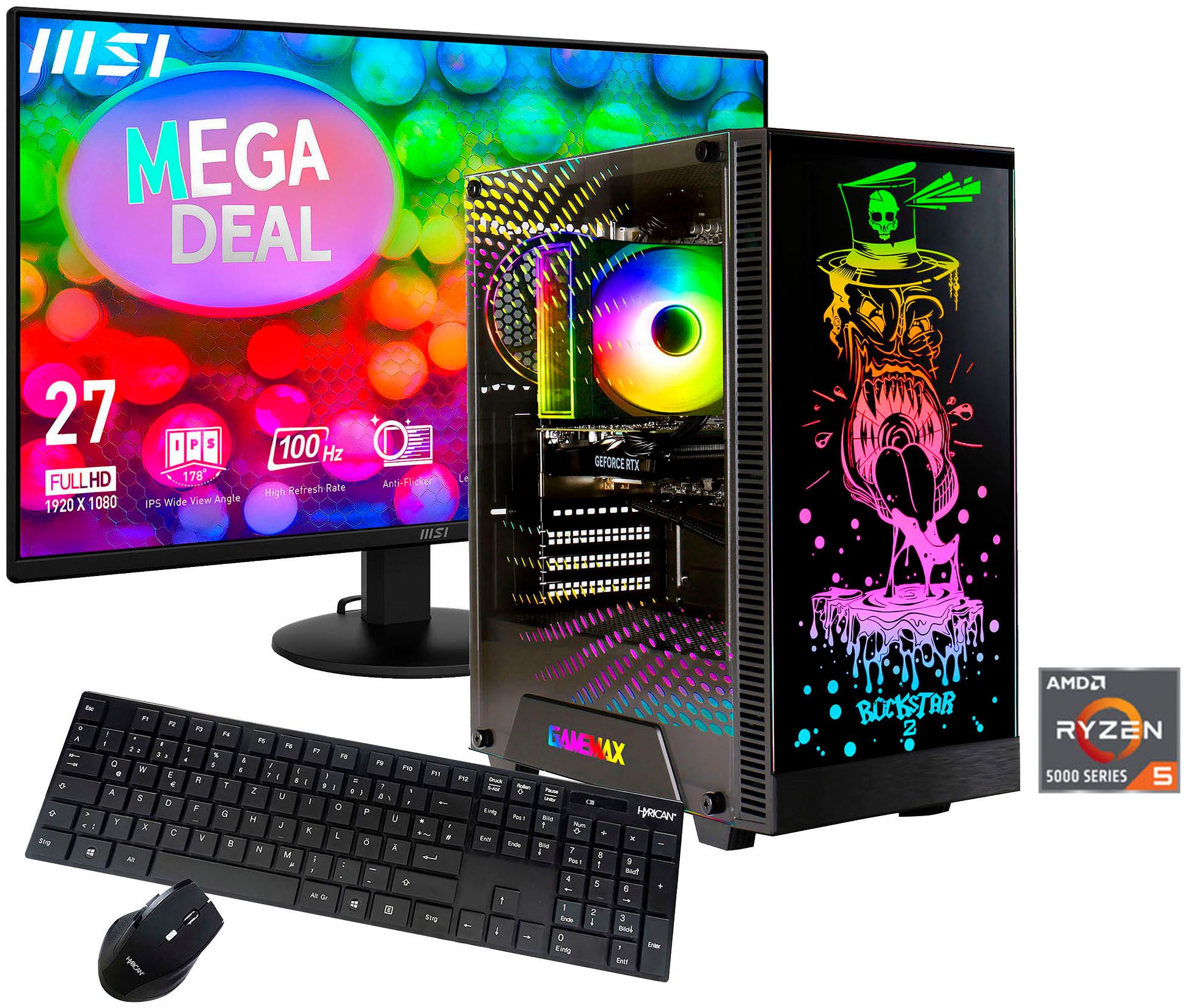 GAMEMAX MegaDeal Rockstar 2903 AMD Ryzen 5 5500 16GB 1TB SSD RTX 3060 Gaming-PC-Komplettsystem (27", AMD Ryzen 5 5500, RTX 3060, 16 GB RAM, 1000 GB SSD, Windows 11 + MSI PRO MP272L LCD-Monitor, 68,6cm (27)